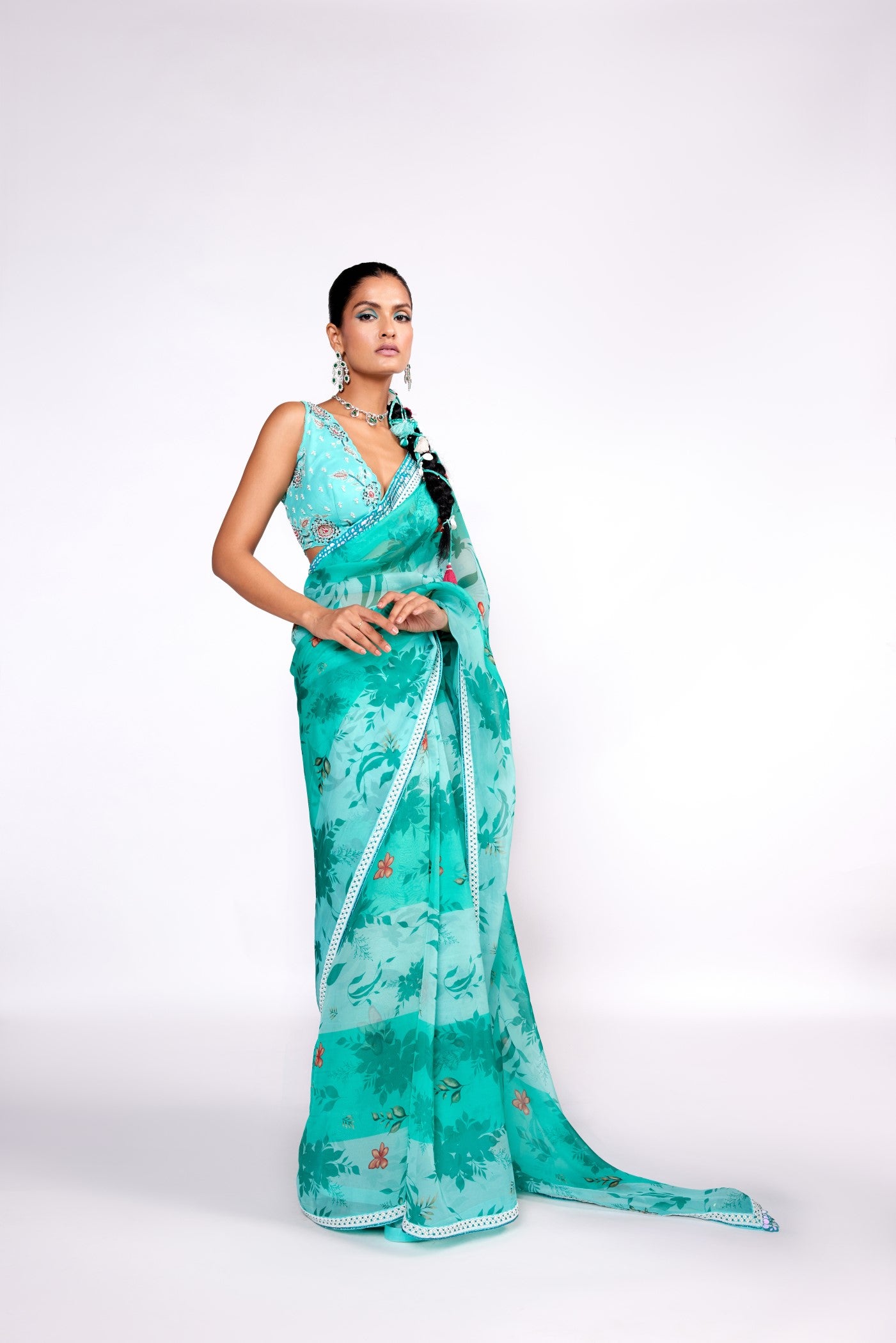 Aqua green embroidered saree set