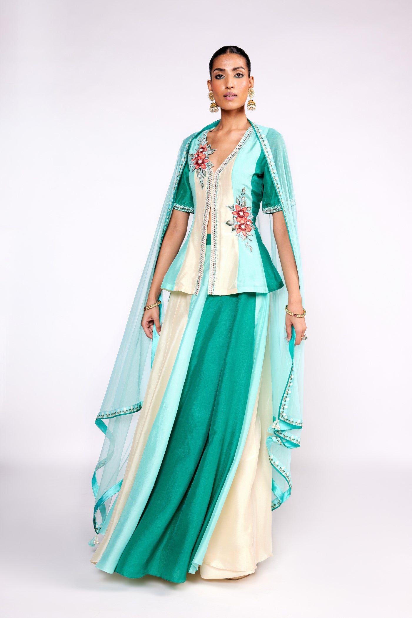 Aqua green color block peplum skirt set