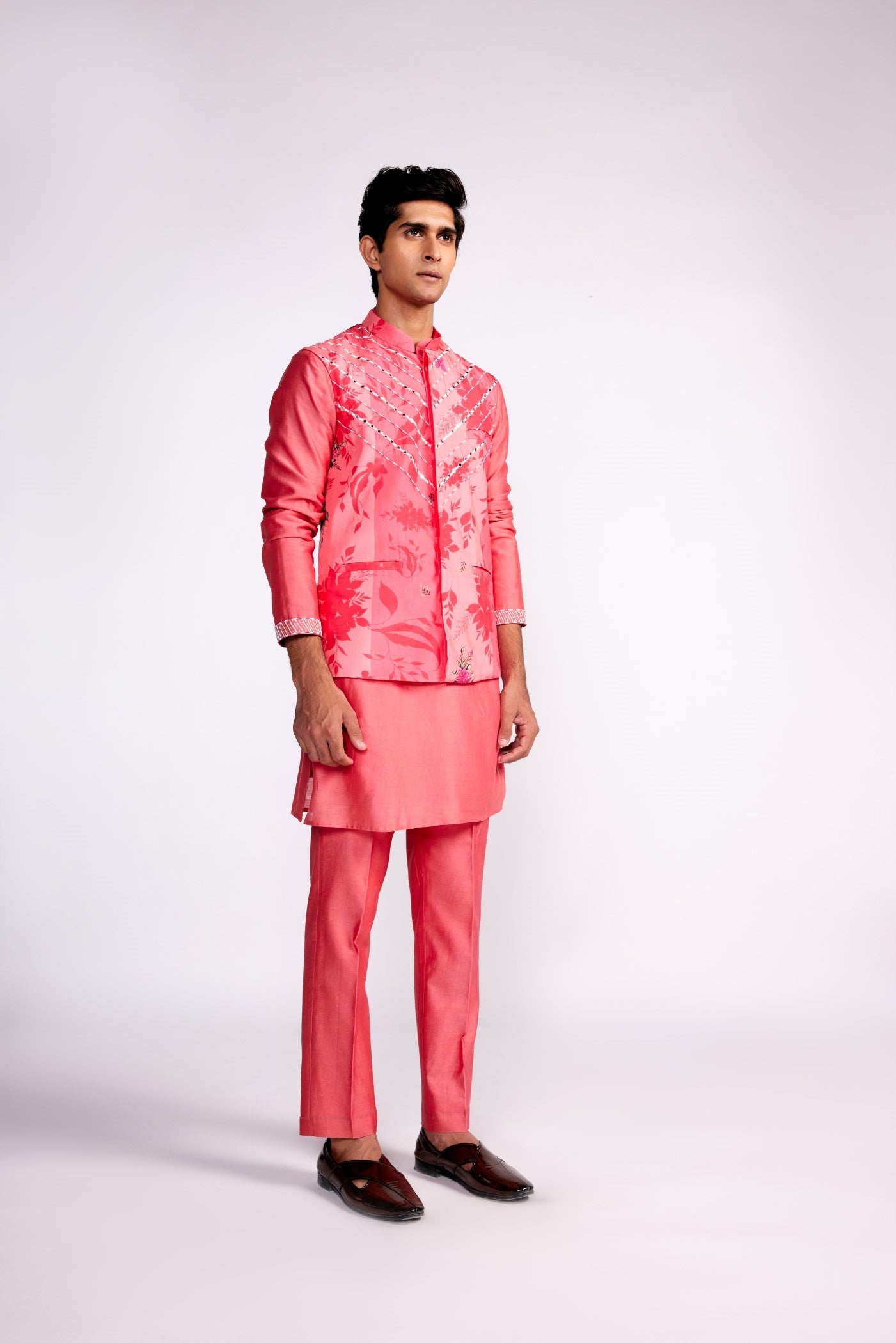 Pink printed and embroidered Nehru jacket set