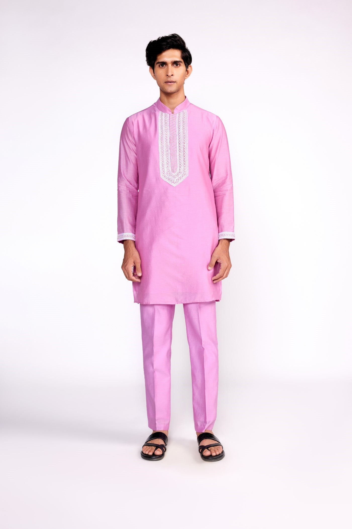 Lilac embroidered silk kurta set