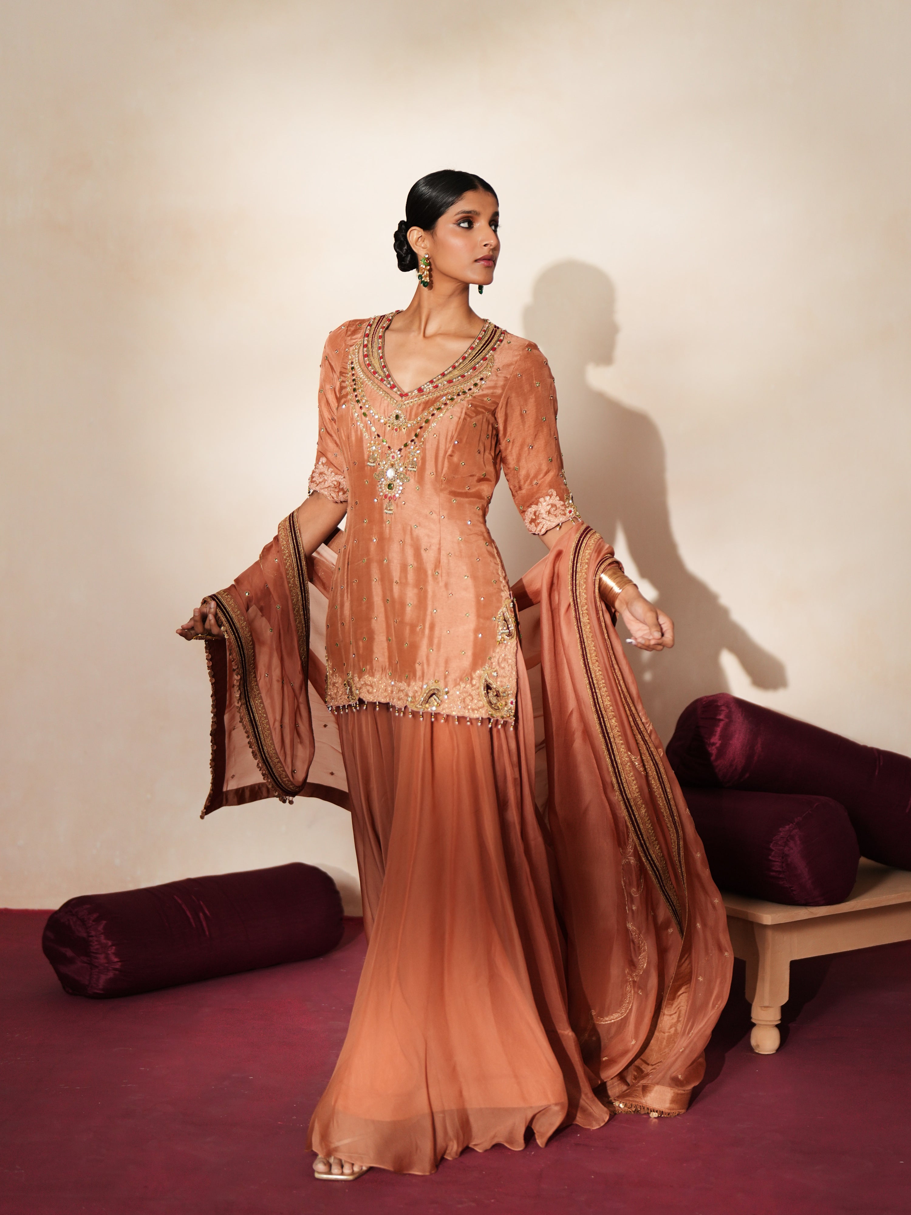 Woman in a metallic mocha traditional outfit standing againsta beige wall on a red carpet.