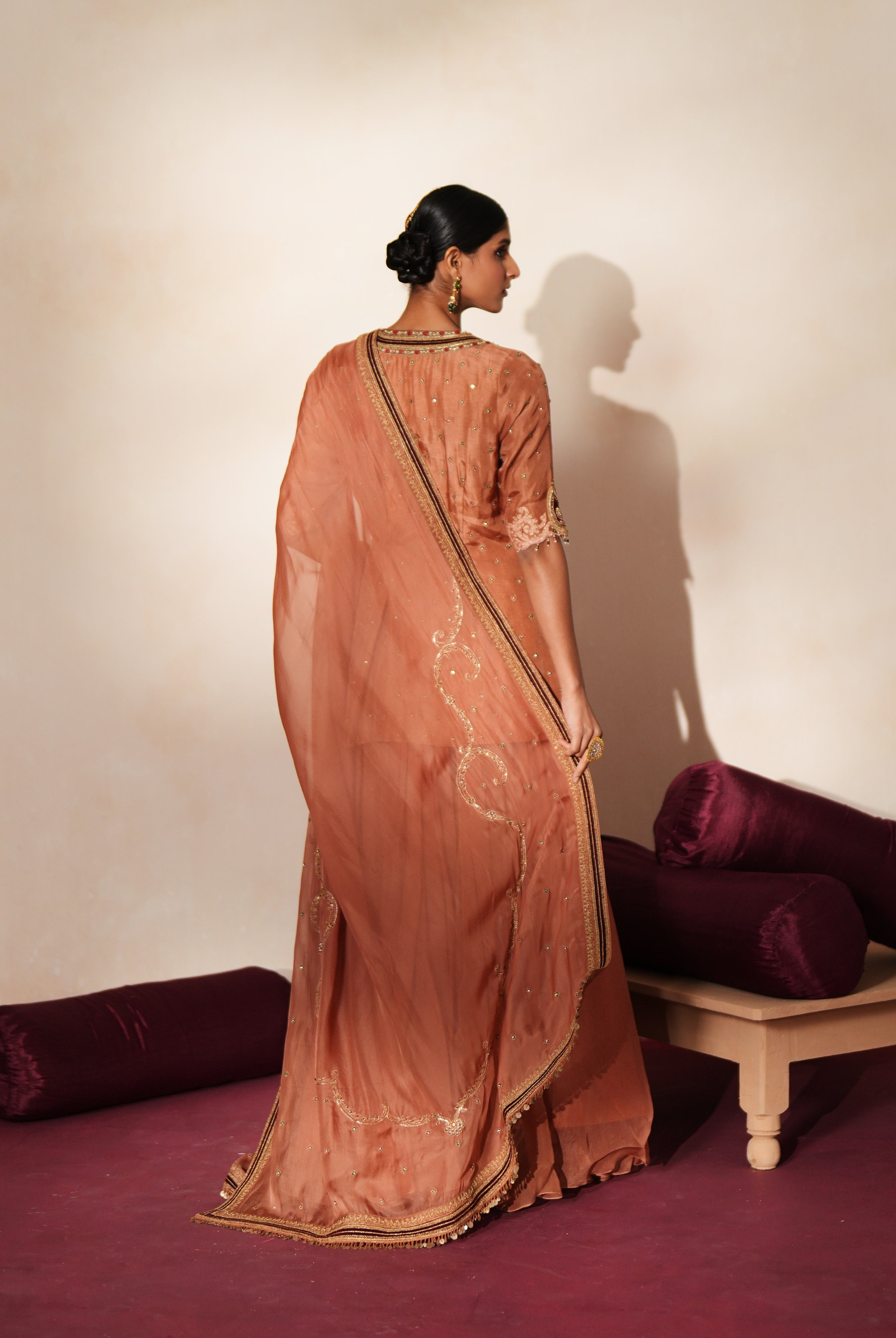 Woman in a metallic mocha traditional outfit standing againsta beige wall on a red carpet.