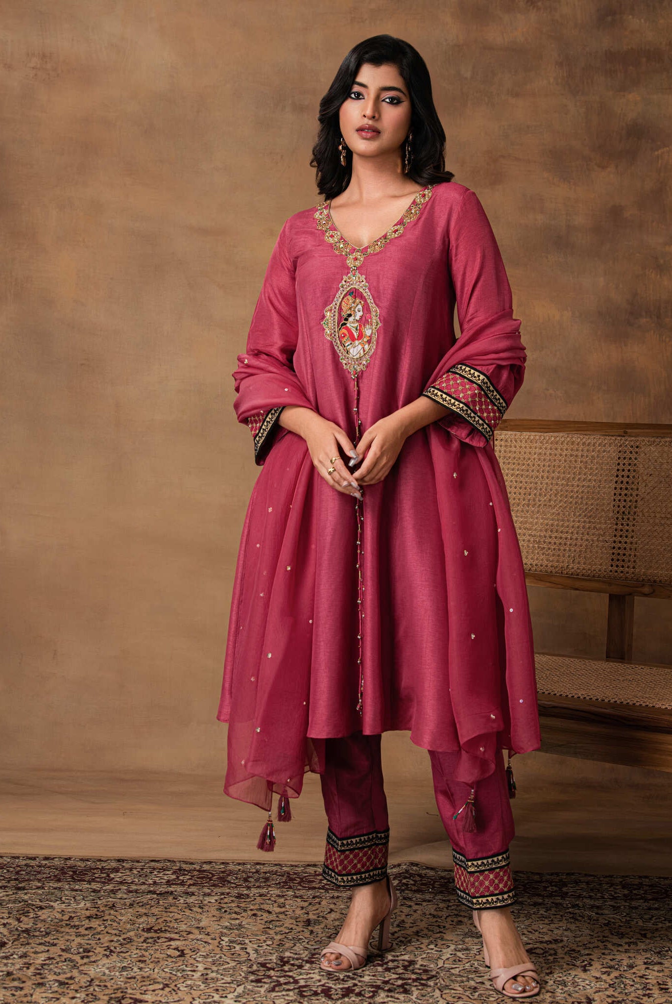 Rosa Pink Silk Embroidered Kurta Set with Organza Dupatta – Front View