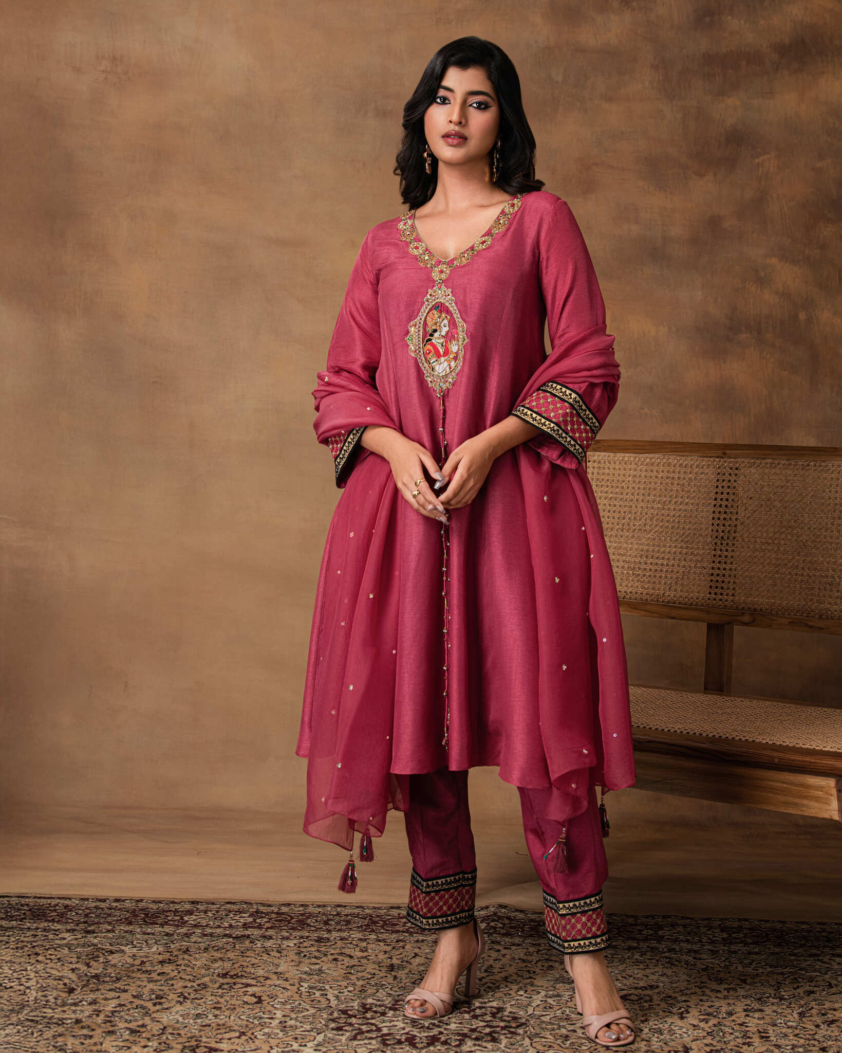 Rosa Pink Silk Embroidered Kurta Set with Organza Dupatta – Front View