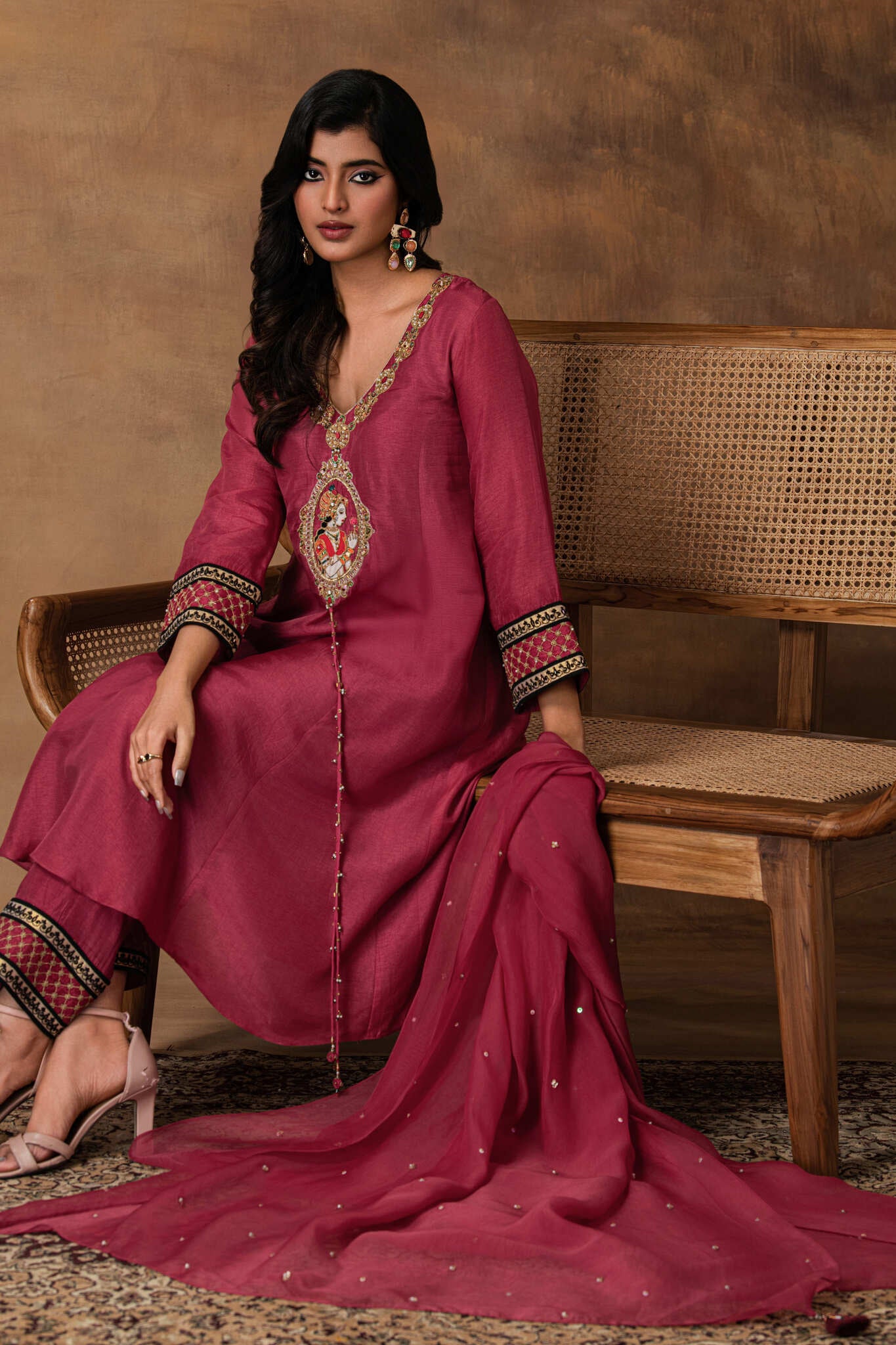 Rosa Pink Silk Embroidered Kurta Set with Organza Dupatta – Sitting View