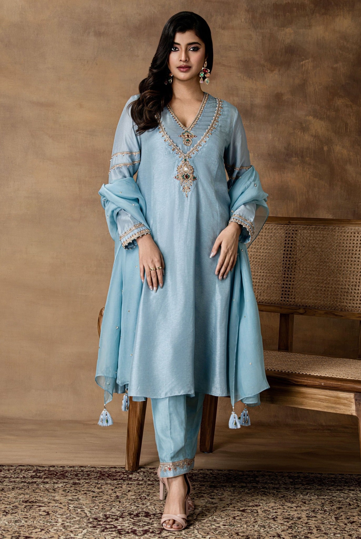 Rumi Powder Blue Silk Embroidered Kurta Set with Organza Dupatta – Front View