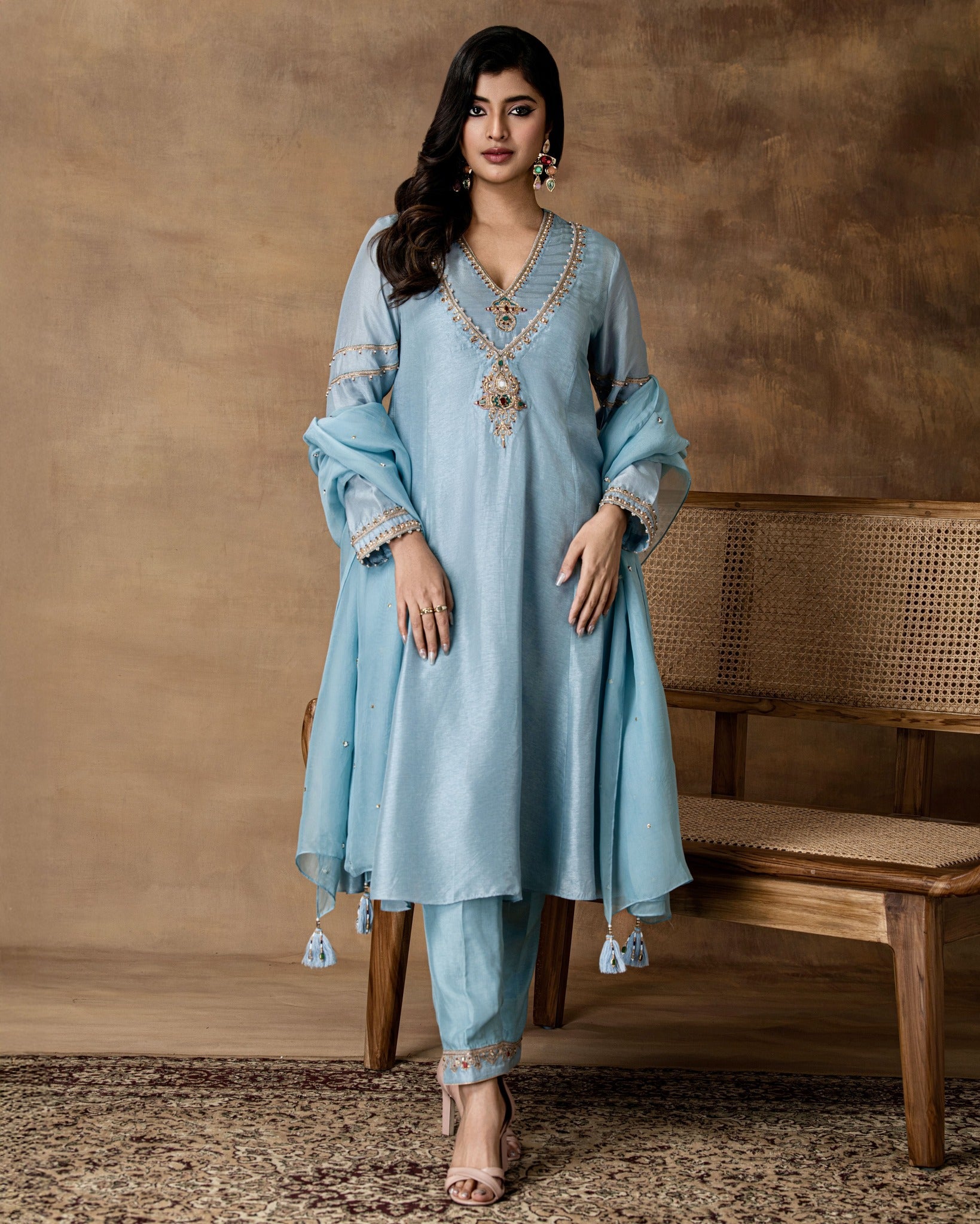 Rumi Powder Blue Silk Embroidered Kurta Set with Organza Dupatta – Front View
