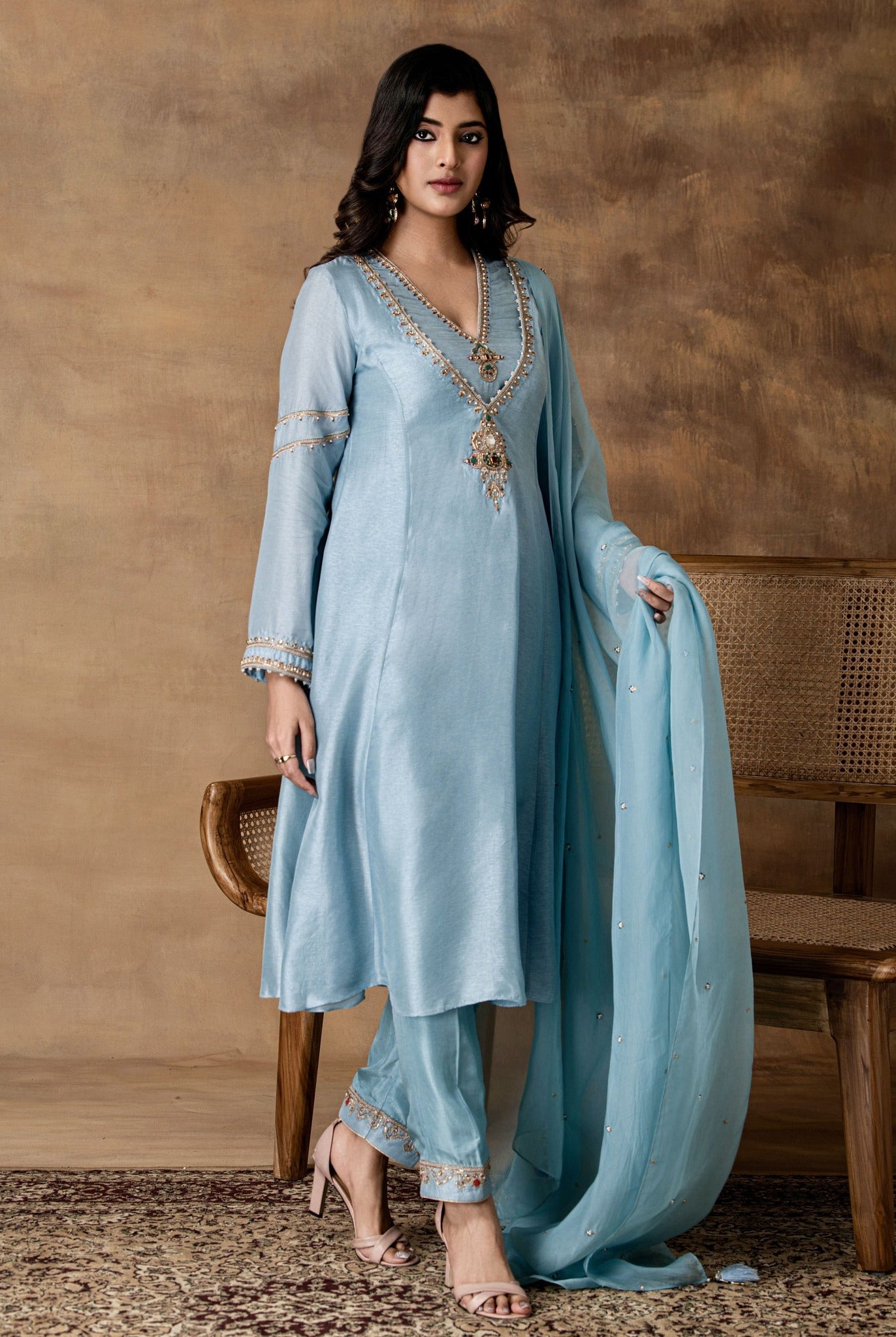 Rumi Powder Blue Silk Embroidered Kurta Set with Organza Dupatta – Side View