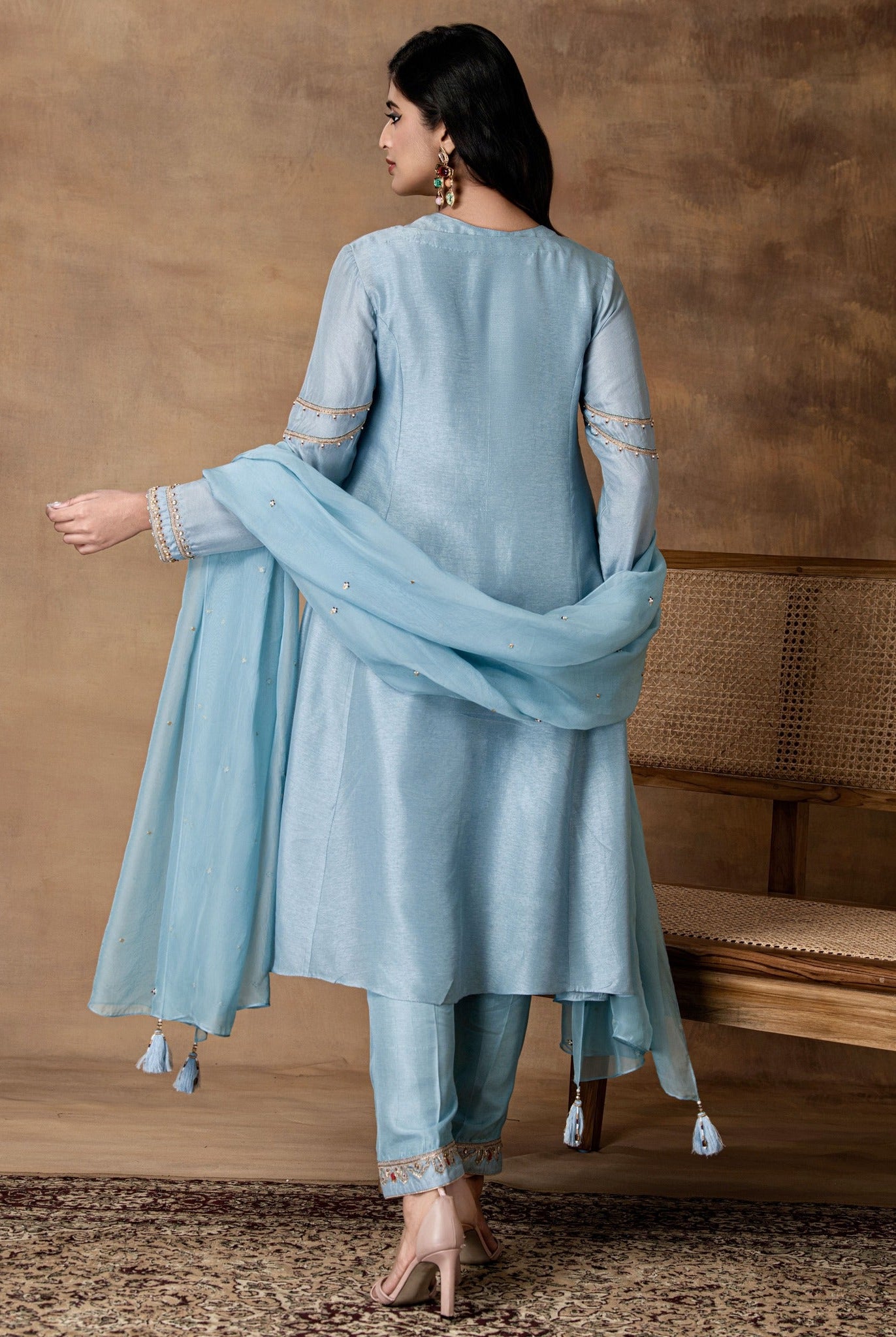 Rumi Powder Blue Silk Embroidered Kurta Set with Organza Dupatta – Back View