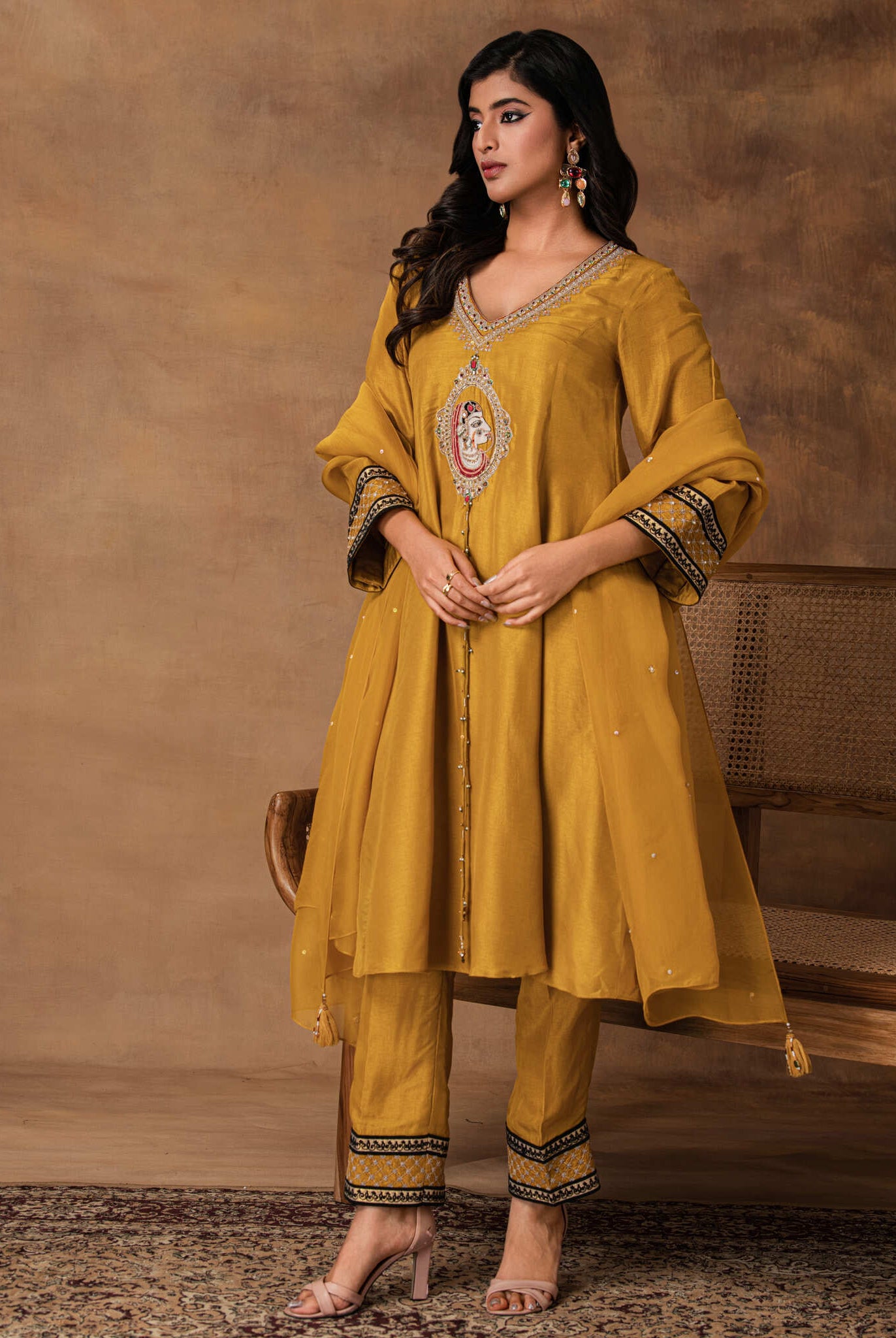Ambar Golden Yellow Silk Embroidered Kurta Set with Organza Dupatta – Side View