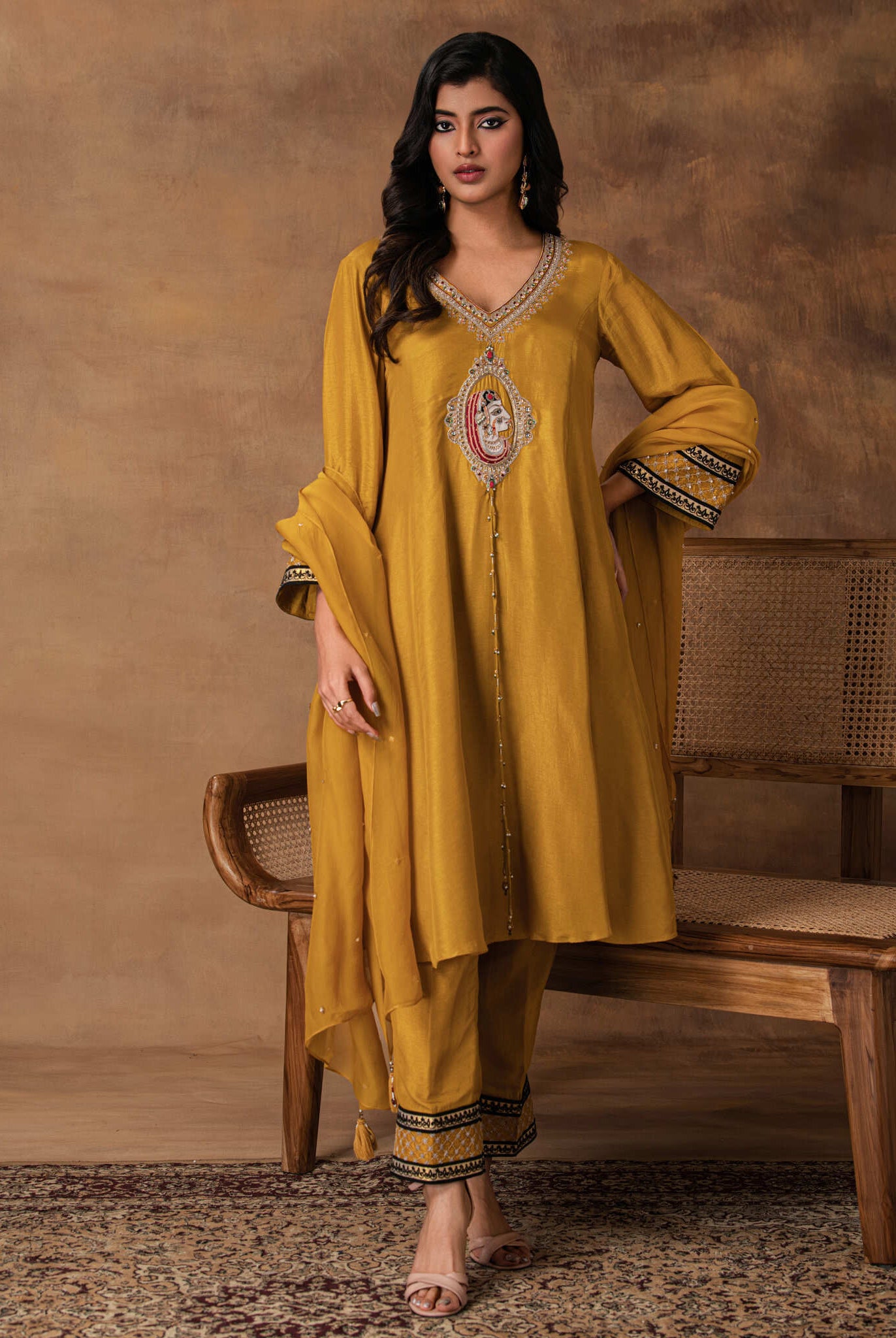 Ambar Golden Yellow Silk Embroidered Kurta Set with Organza Dupatta – Front View