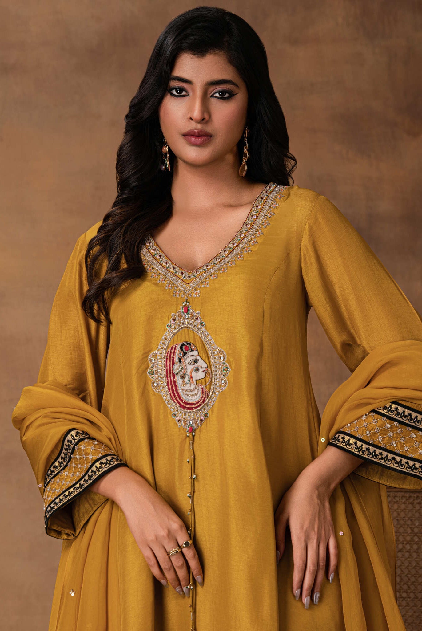 Ambar Golden Yellow Silk Embroidered Kurta Set with Organza Dupatta – Close-Up View