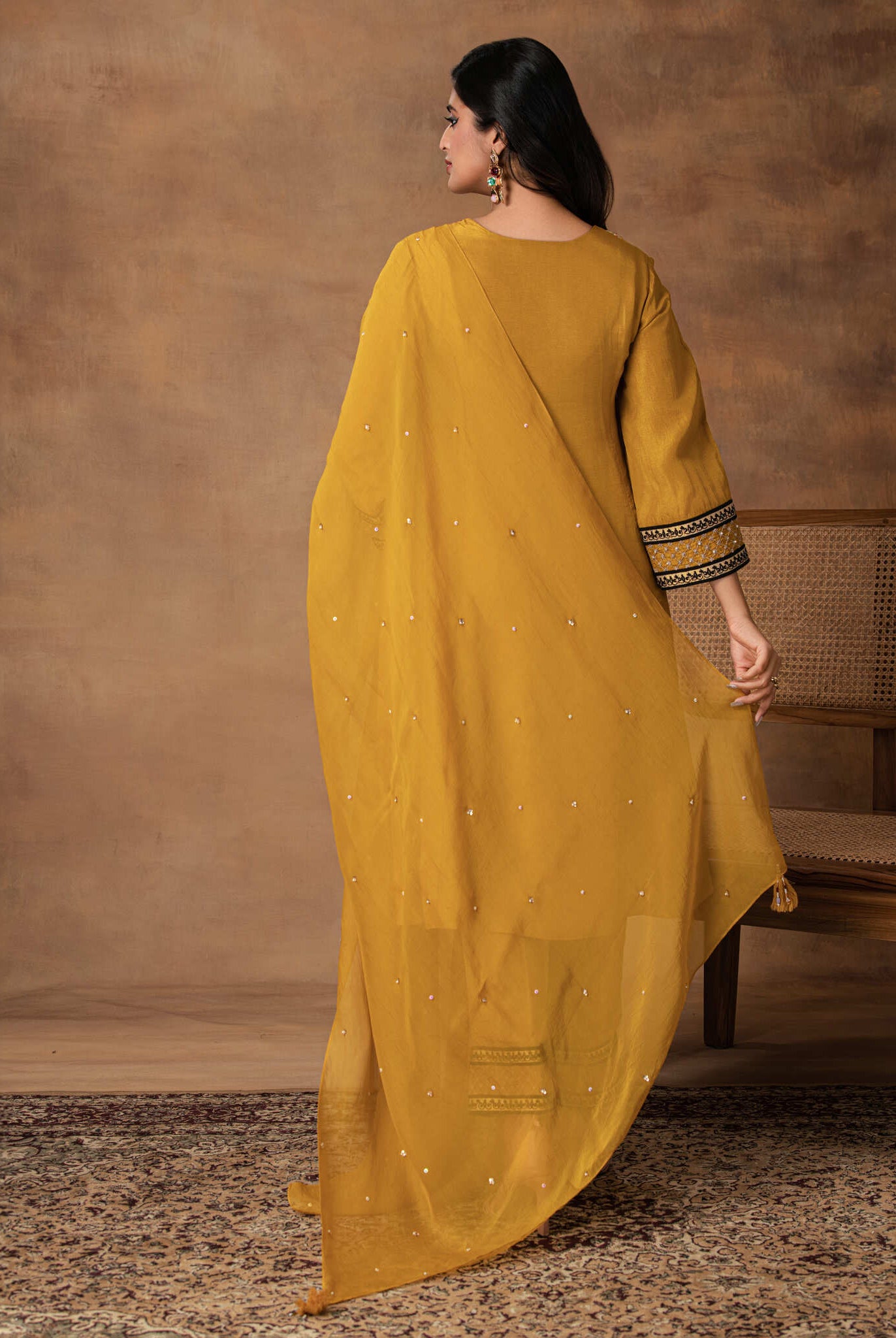 Ambar Golden Yellow Silk Embroidered Kurta Set with Organza Dupatta – Back View