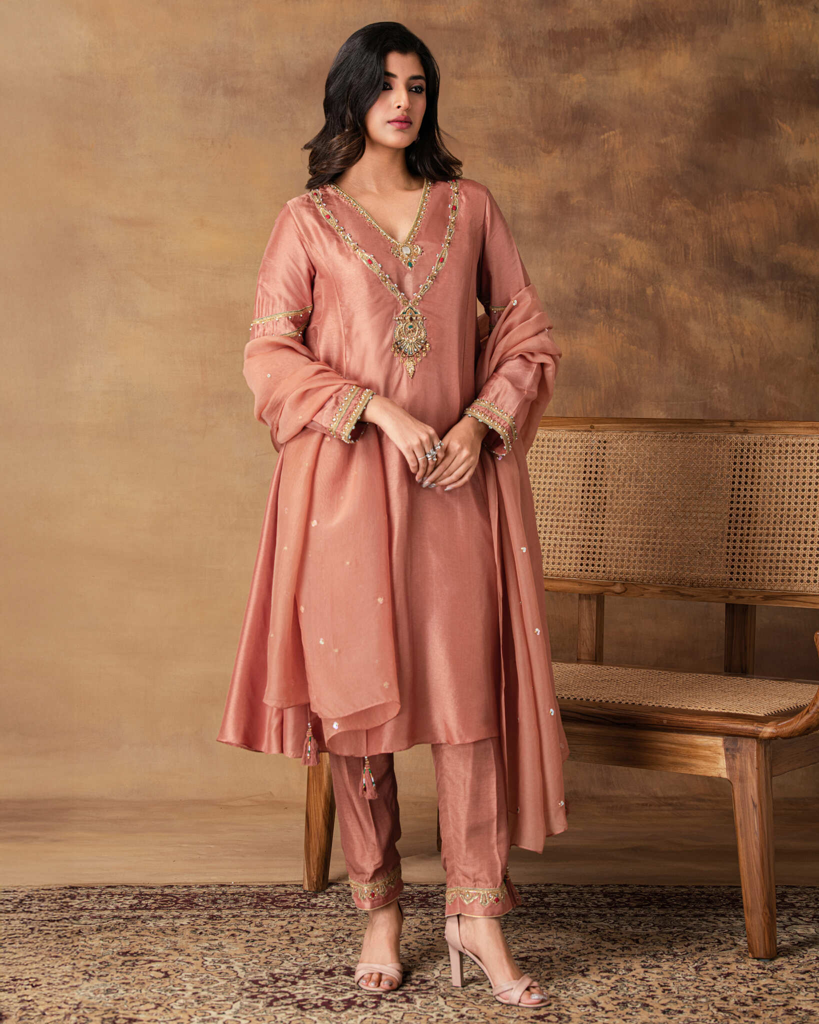 Shyaamras Mocha Pink Silk Embroidered Kurta Set with Organza Dupatta – Side View