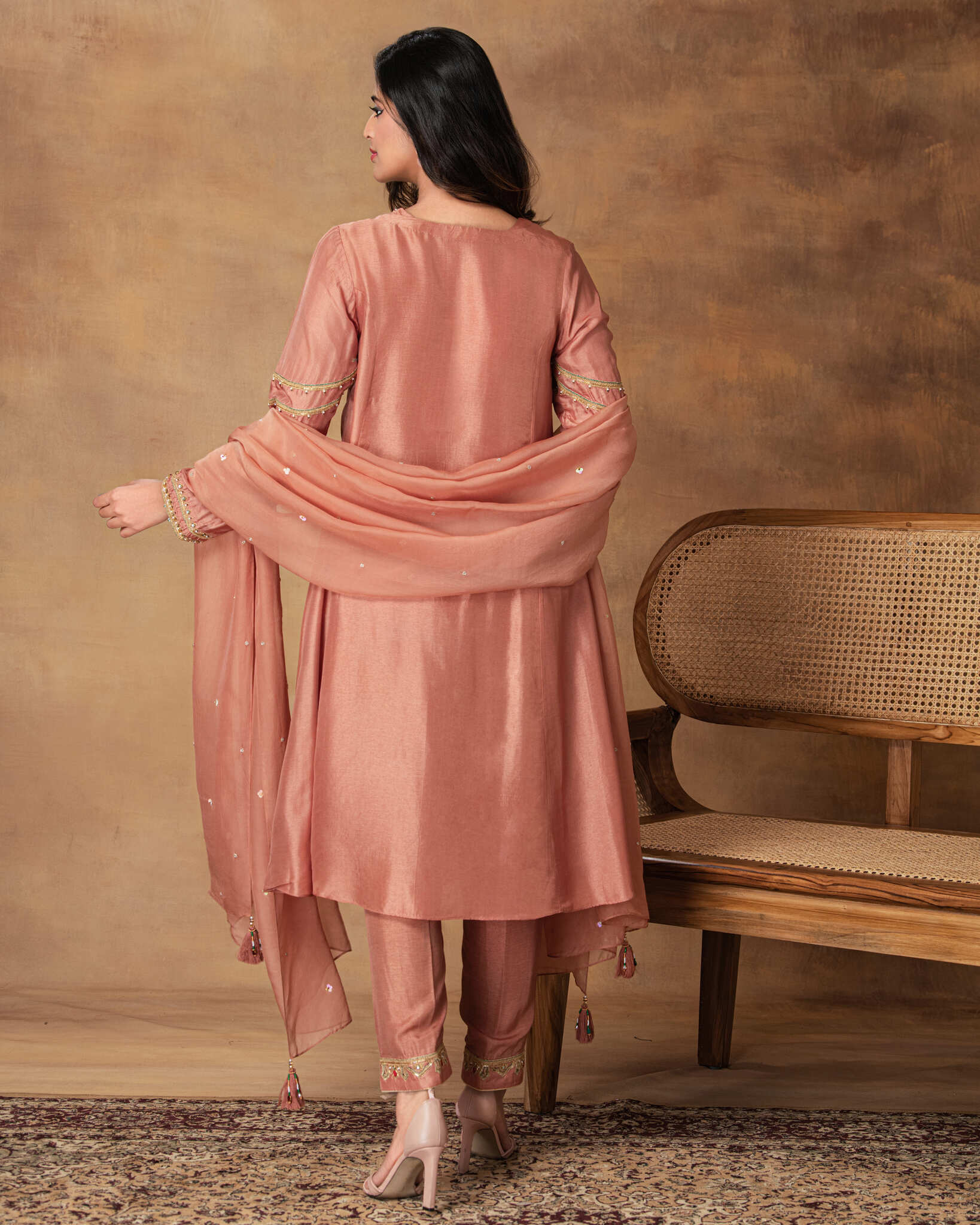Shyaamras Mocha Pink Silk Embroidered Kurta Set with Organza Dupatta – Close-Up View
