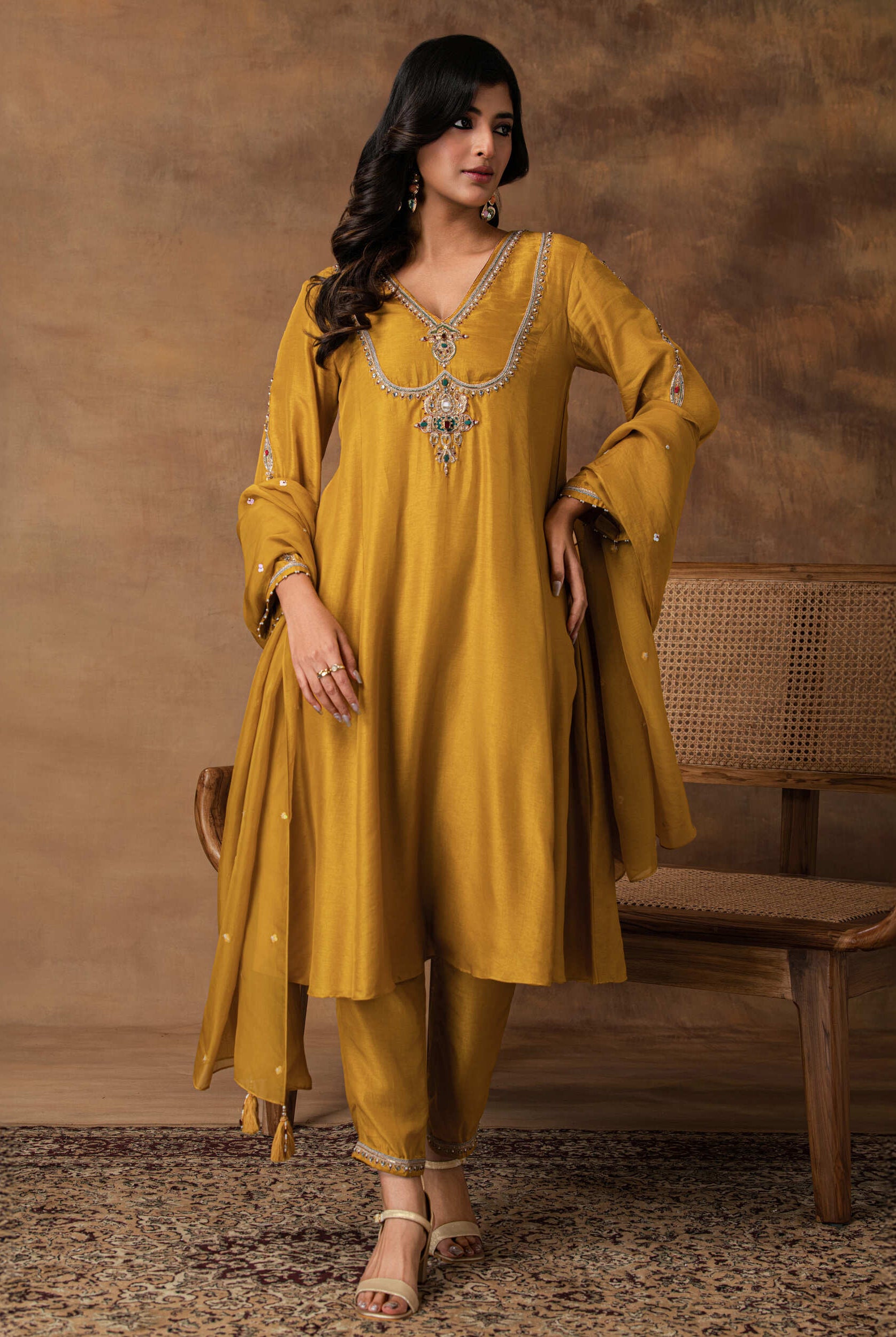 Rajsi Golden Yellow Silk Embroidered Kurta Set with Organza Dupatta – Front View