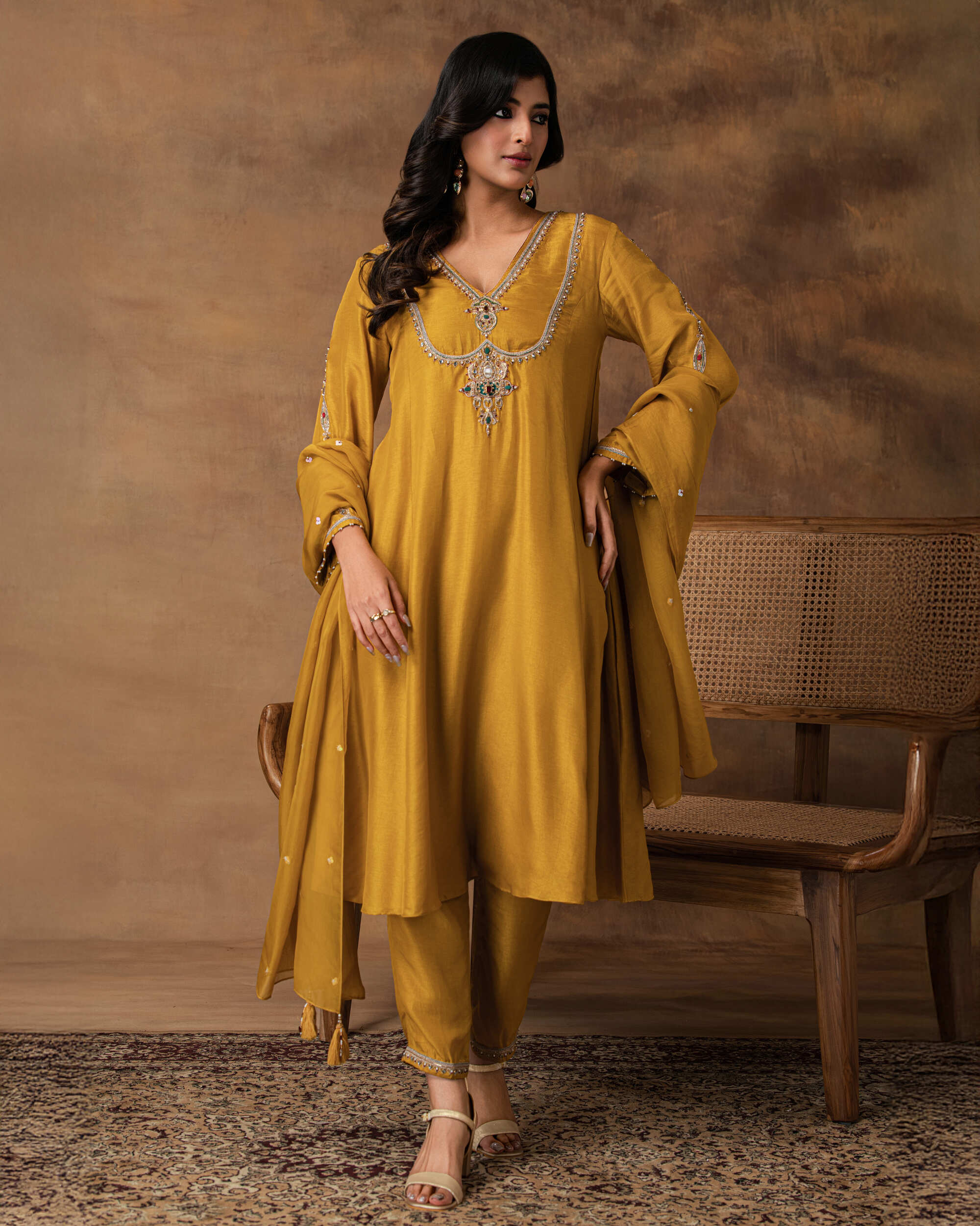 Rajsi Golden Yellow Silk Embroidered Kurta Set with Organza Dupatta – Front View