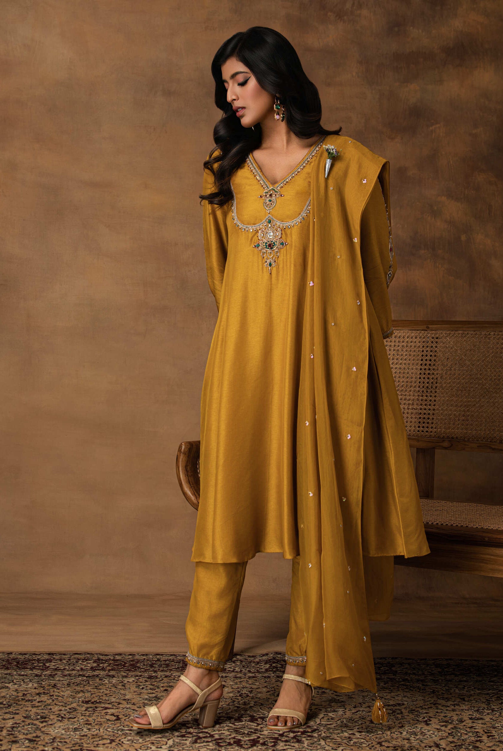 Rajsi Golden Yellow Silk Embroidered Kurta Set with Organza Dupatta – Side View