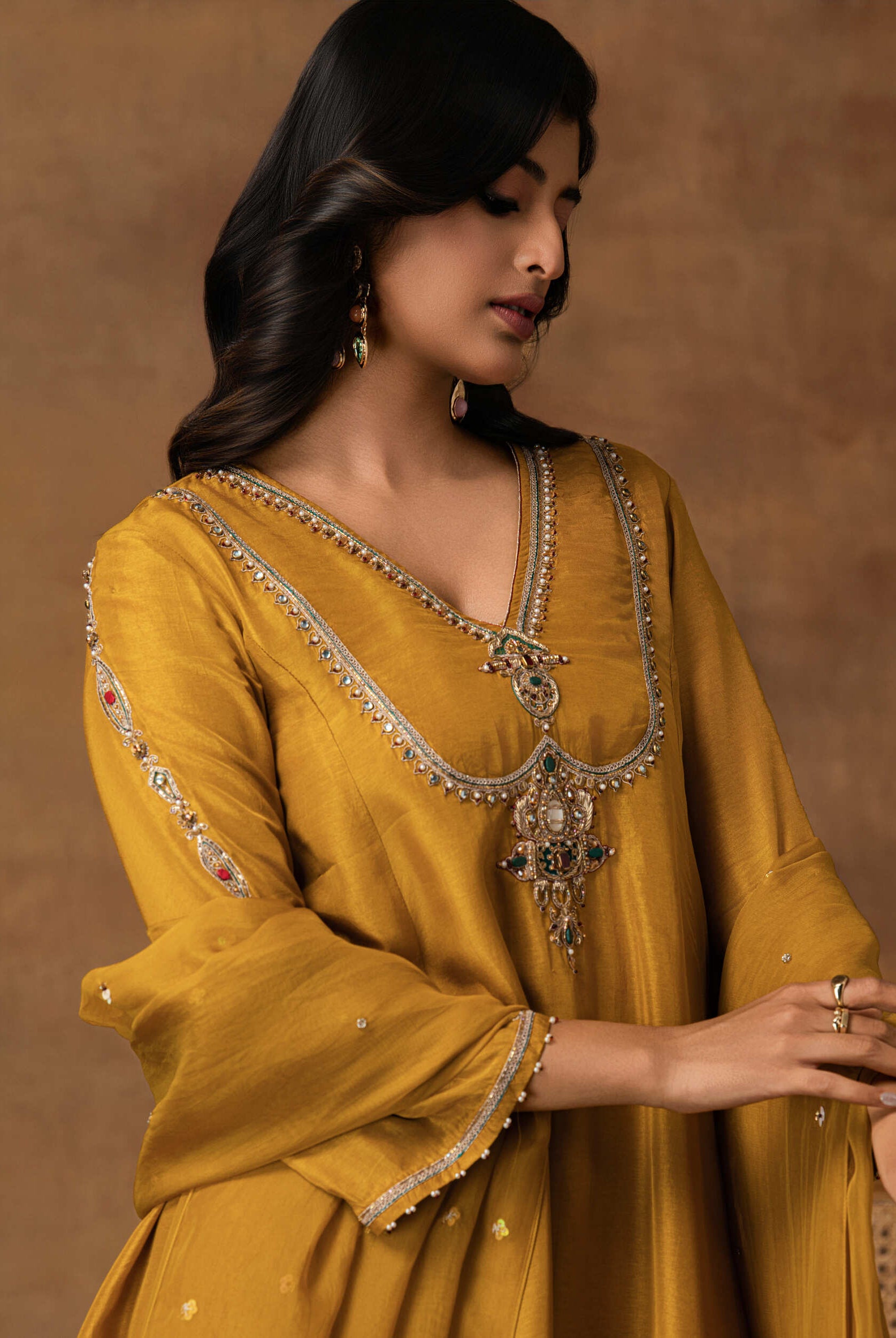 Rajsi Golden Yellow Silk Embroidered Kurta Set with Organza Dupatta – Close-Up View