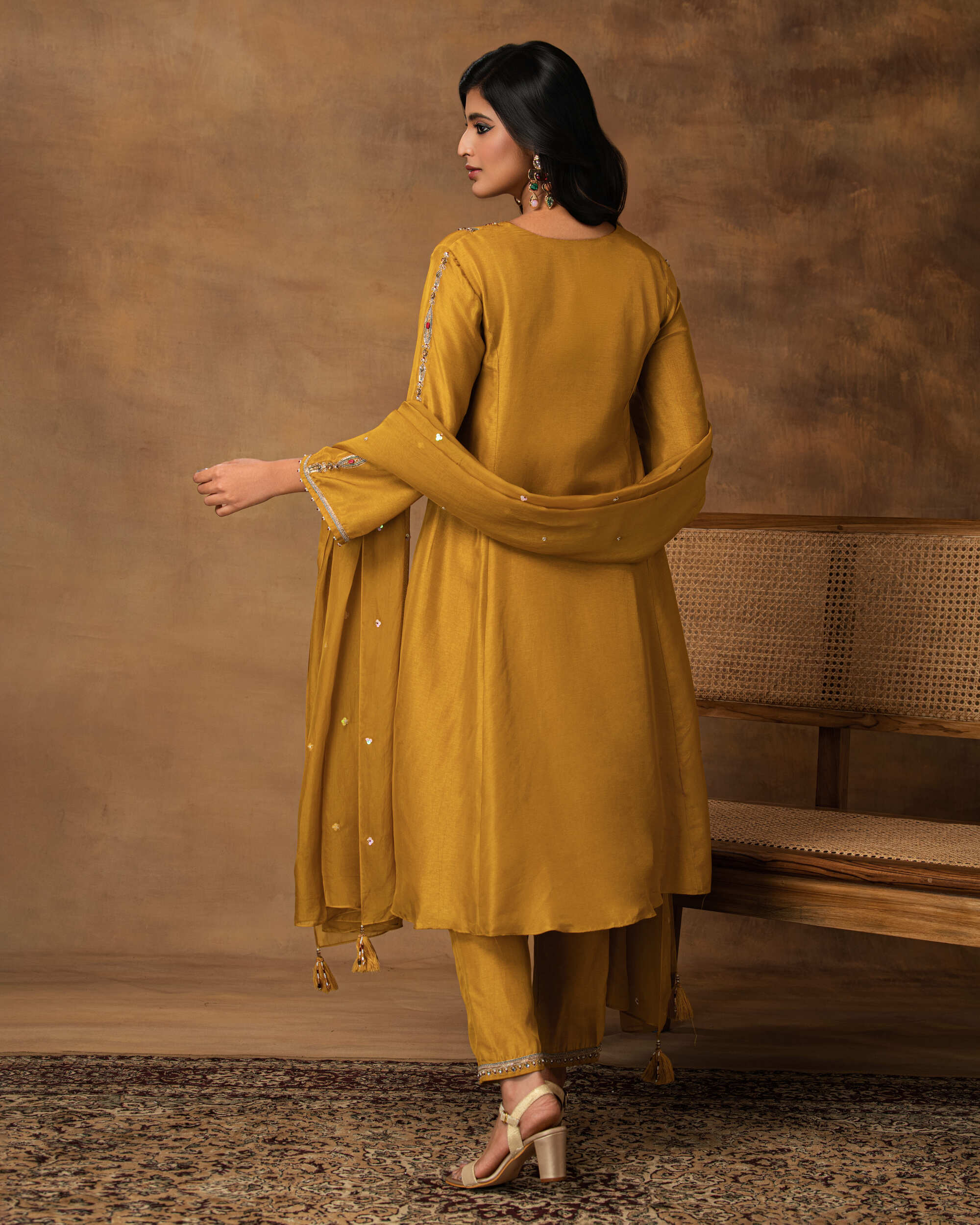 Rajsi Golden Yellow Silk Embroidered Kurta Set with Organza Dupatta – Back View