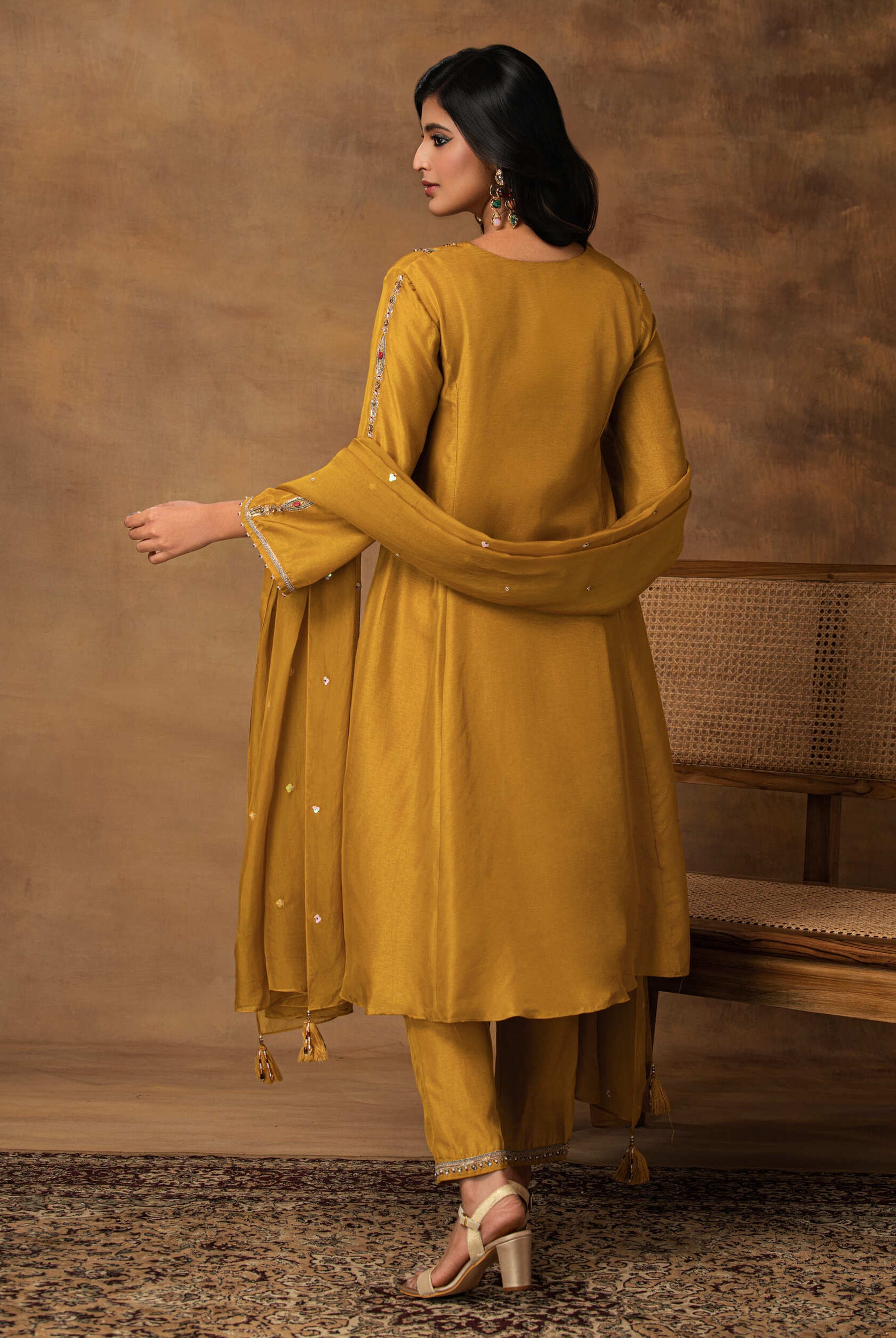 Rajsi Golden Yellow Silk Embroidered Kurta Set with Organza Dupatta – Back View