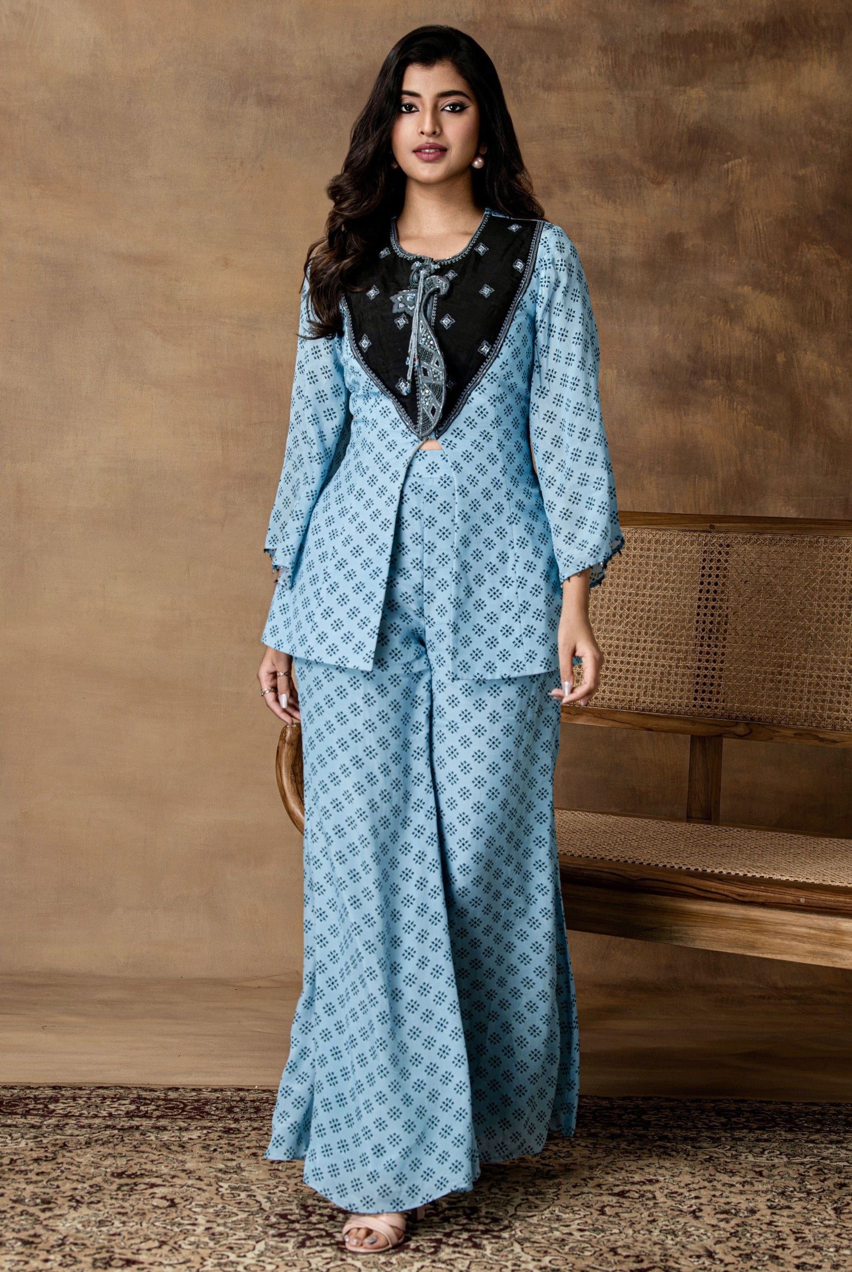 Jashn Powder Blue Printed Crepe Peplum Co-Ord Set – Front View