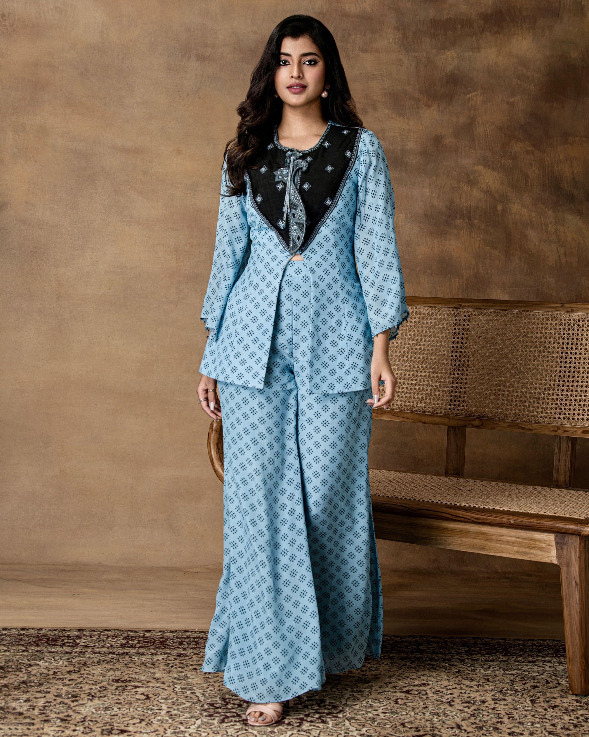 Jashn Powder Blue Printed Crepe Peplum Co-Ord Set – Front View