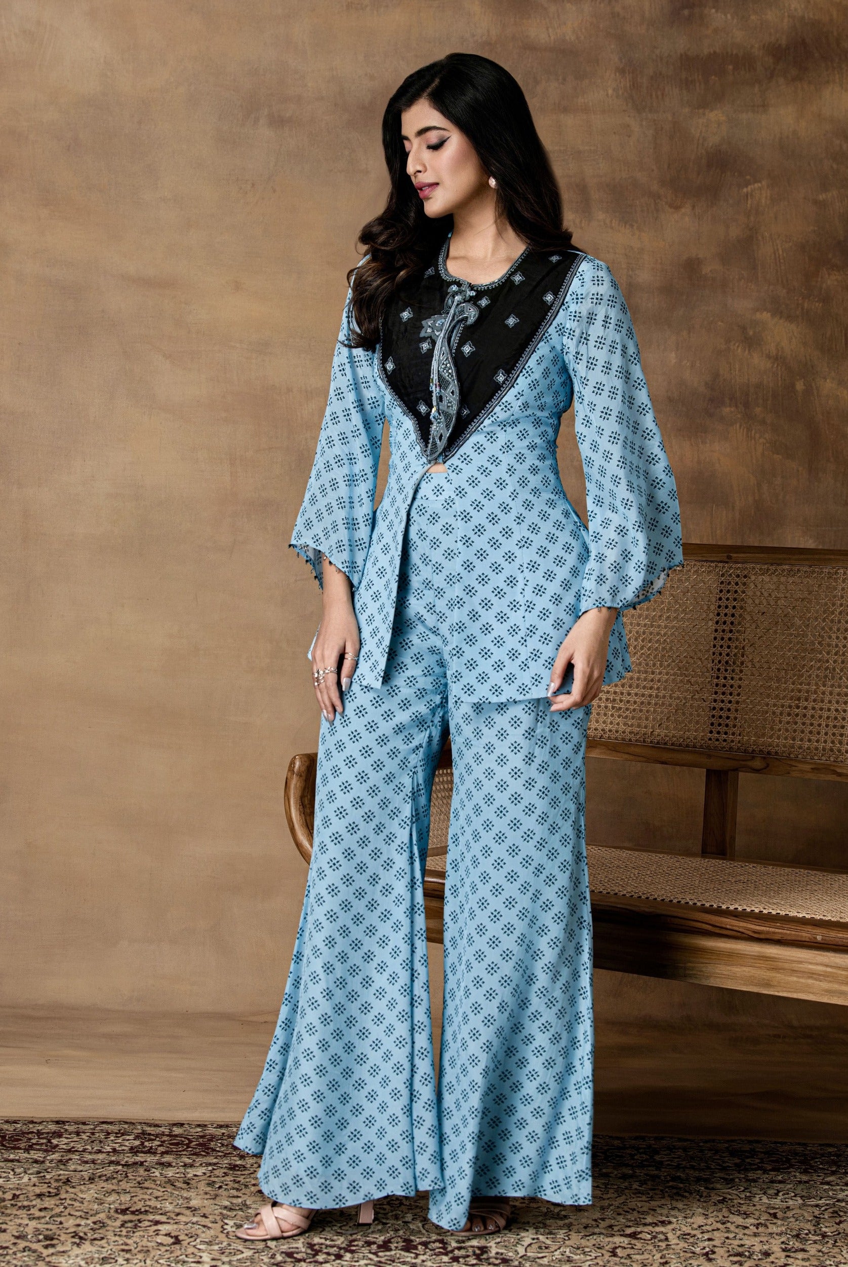 Jashn Powder Blue Printed Crepe Peplum Co-Ord Set – Side View