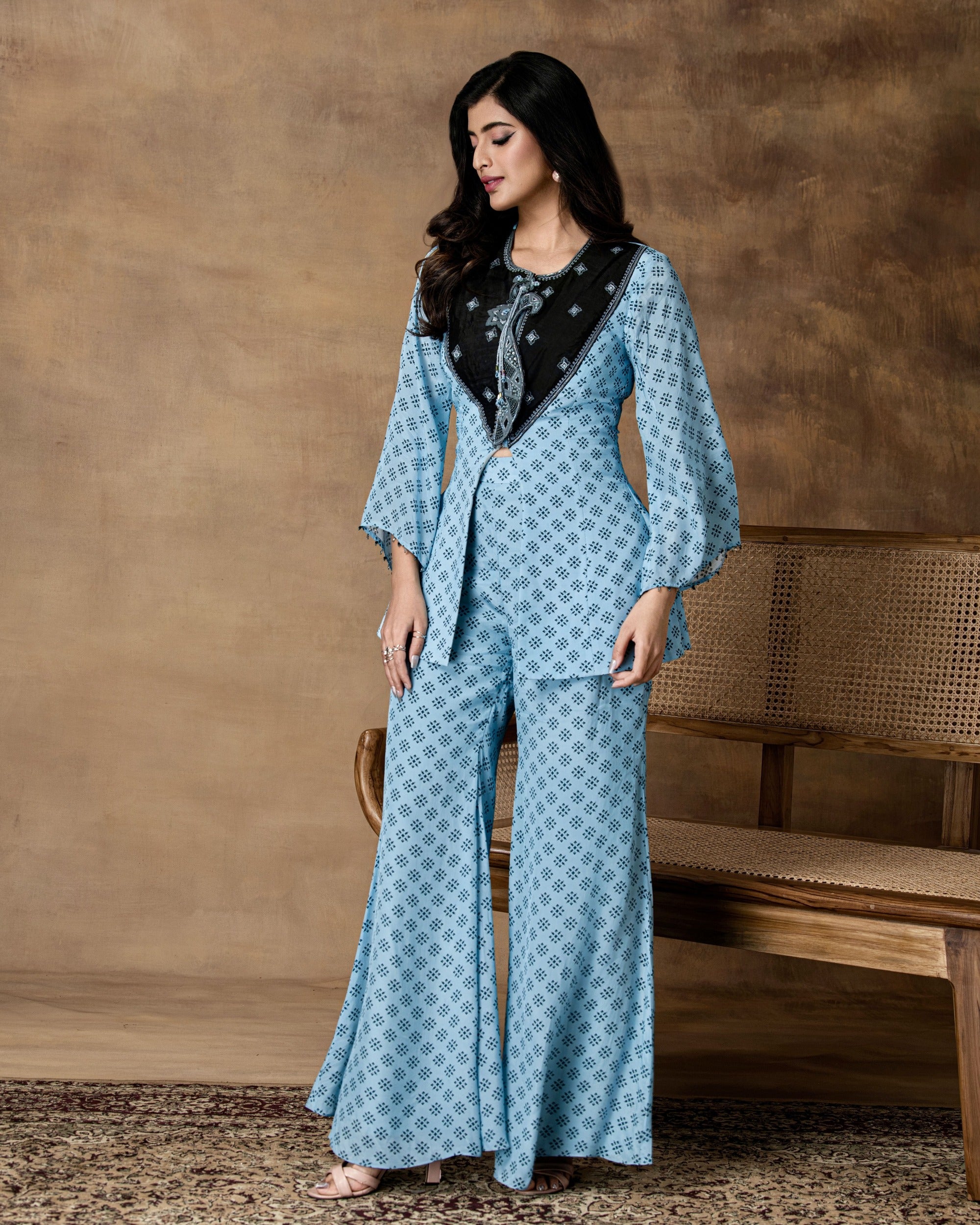 Jashn Powder Blue Printed Crepe Peplum Co-Ord Set – Side View