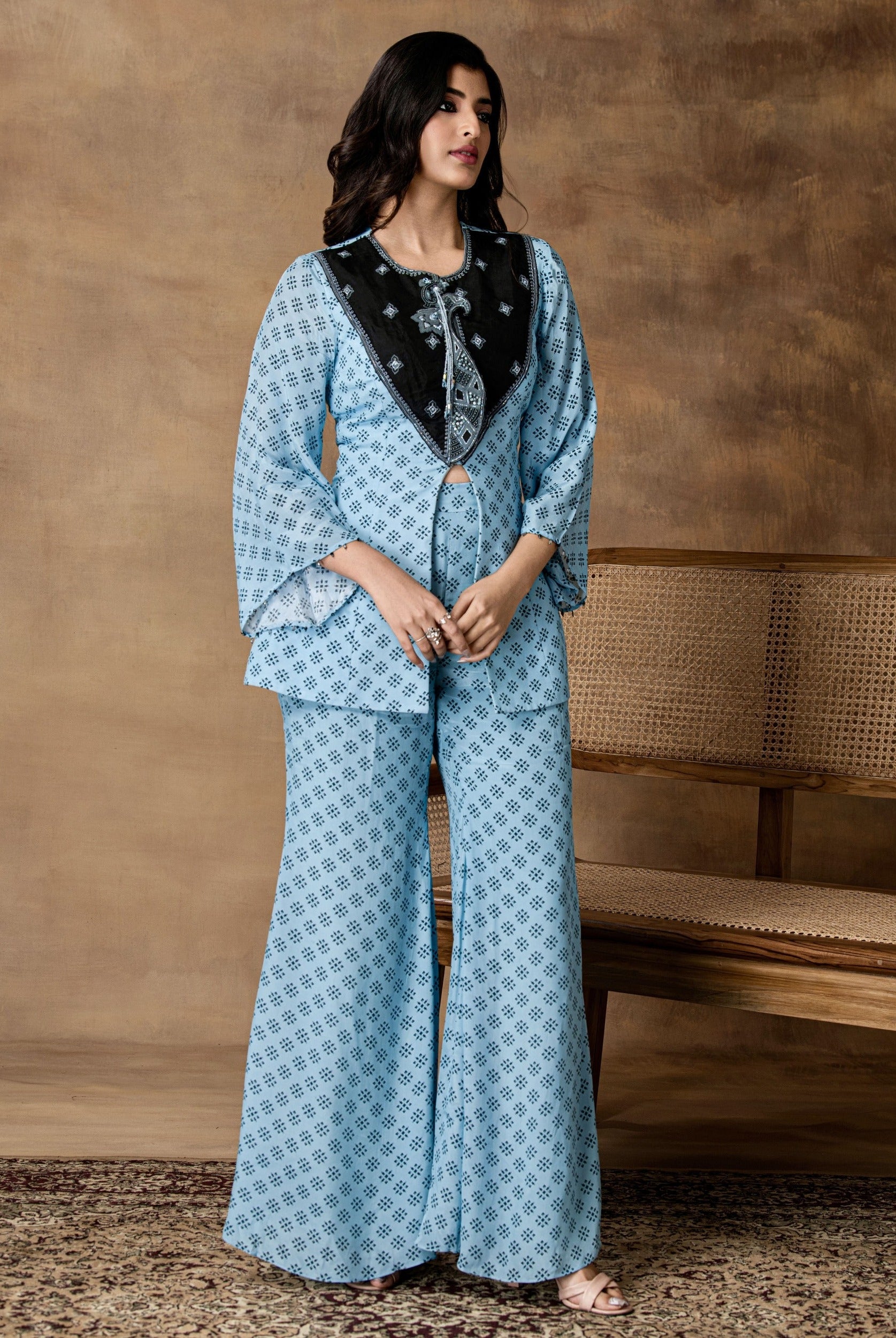 Jashn Powder Blue Printed Crepe Peplum Co-Ord Set – Left-Side View