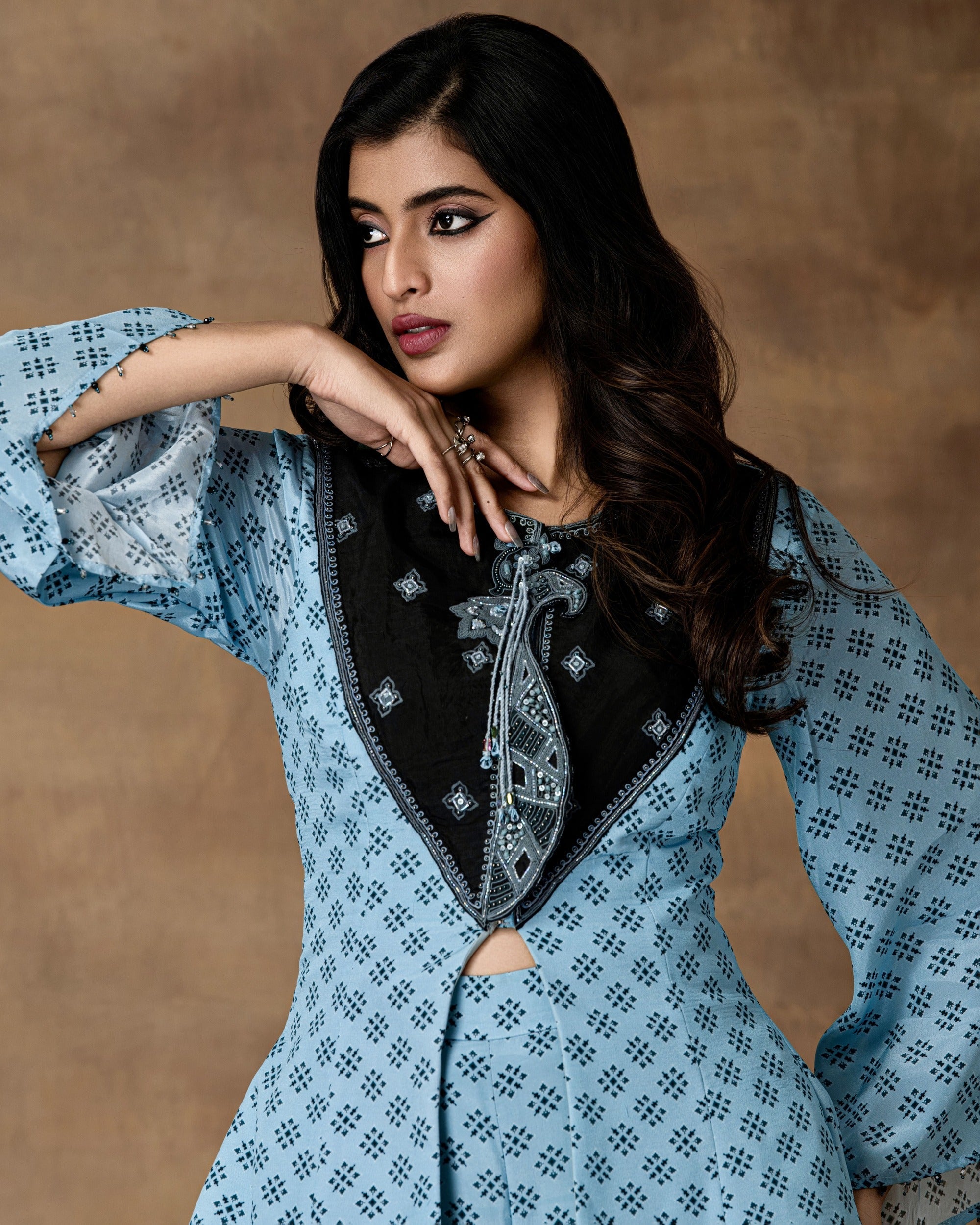 Jashn Powder Blue Printed Crepe Peplum Co-Ord Set – Close-up View