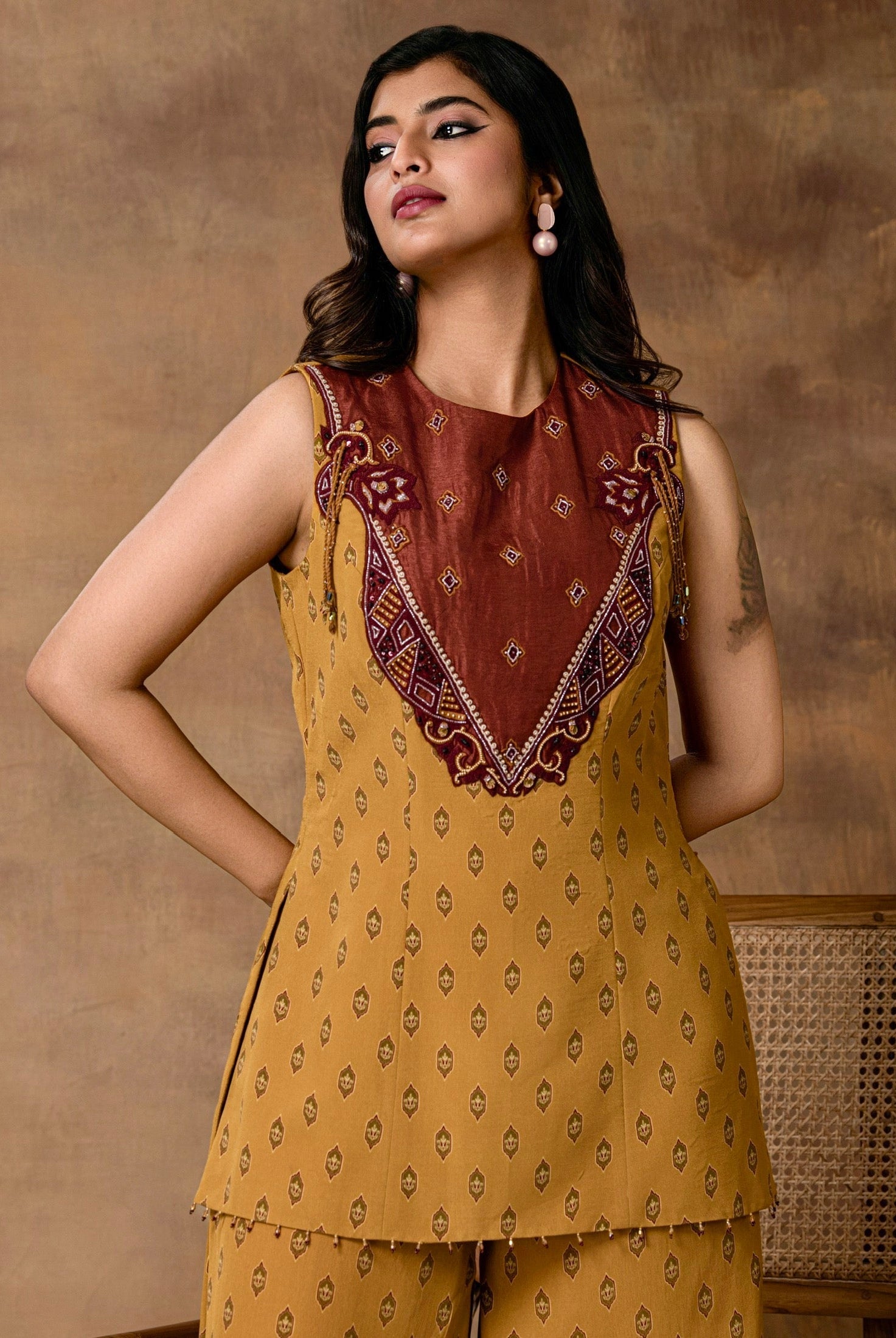 Taraab Mustard Gold Crepe Peplum Co-Ord Set – Close-up View