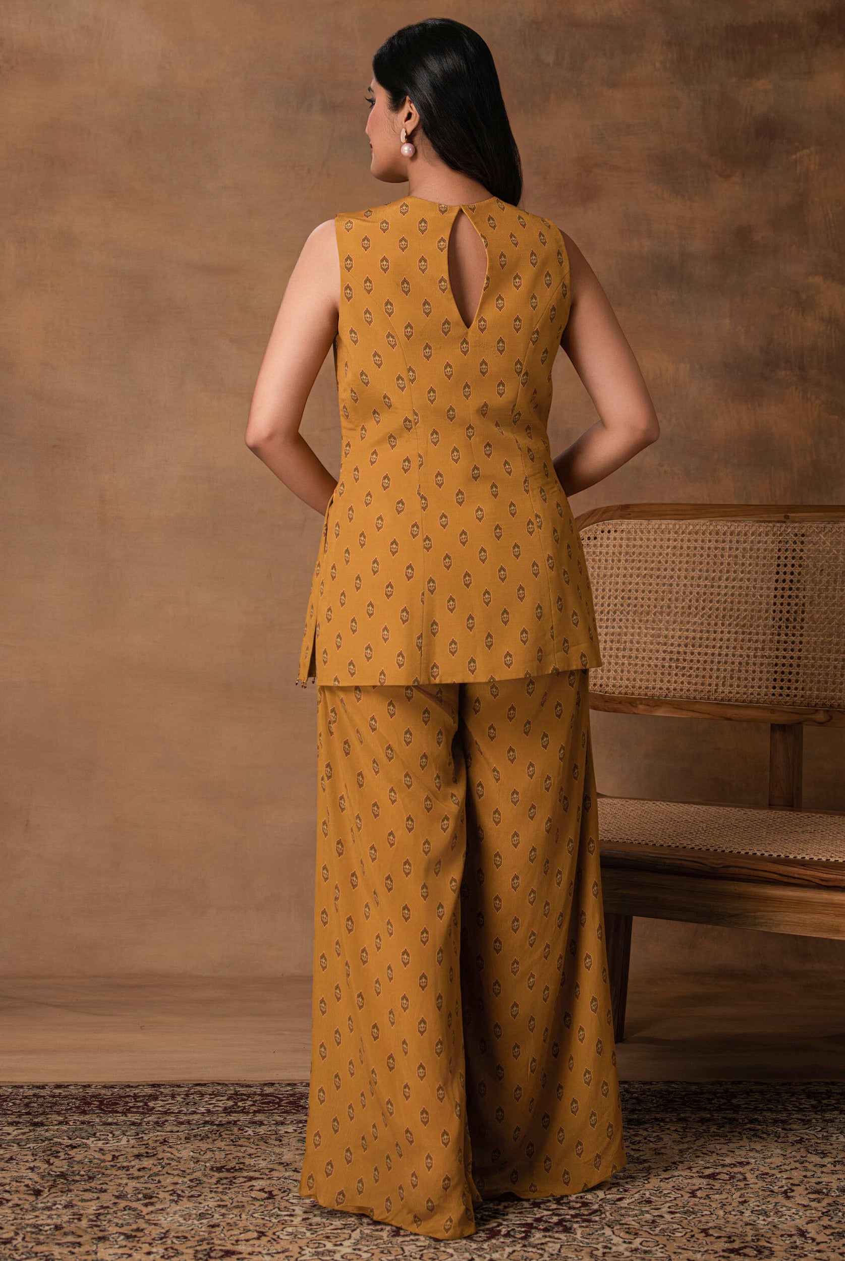 Taraab Mustard Gold Crepe Peplum Co-Ord Set – Back View