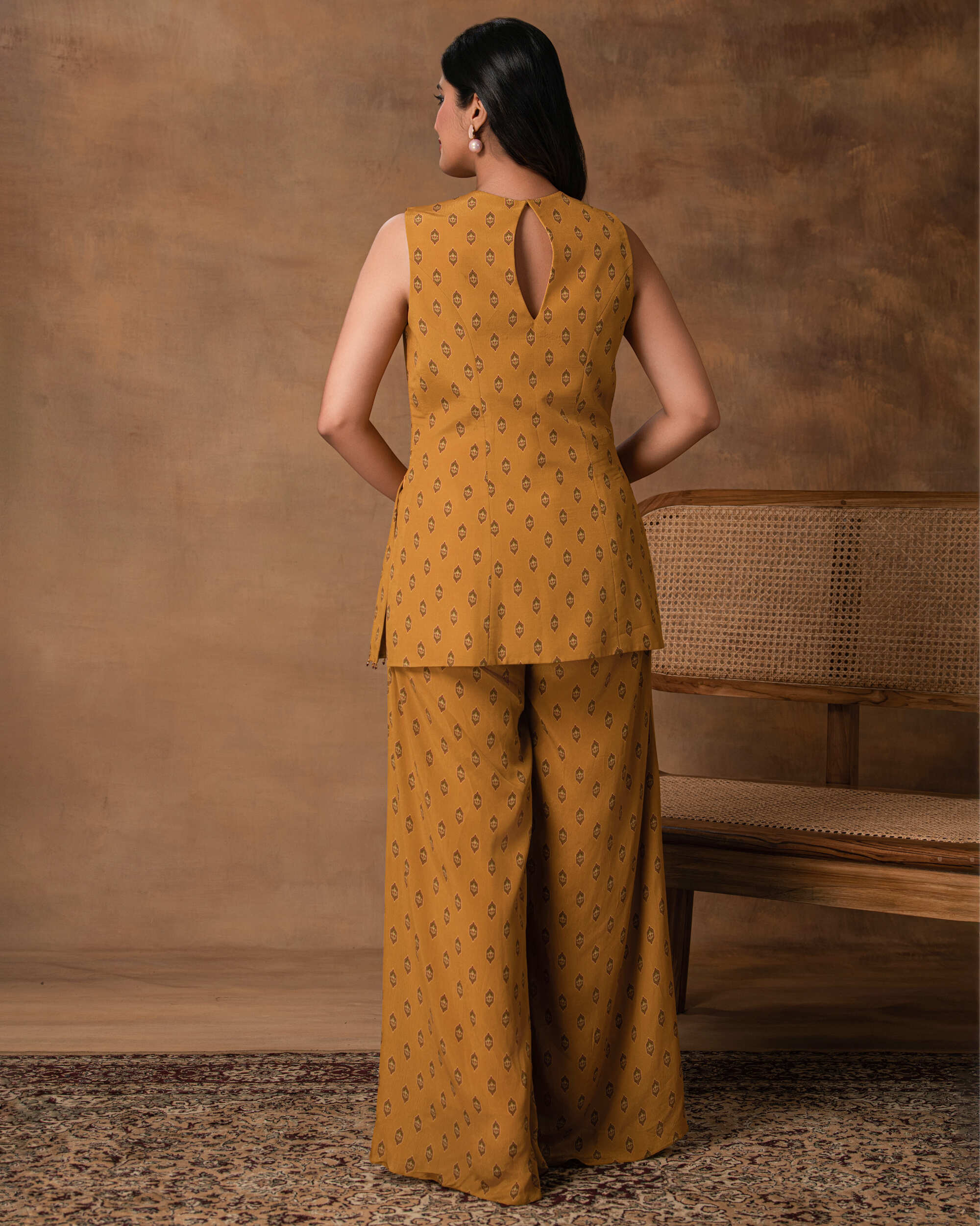 Taraab Mustard Gold Crepe Peplum Co-Ord Set – Back View
