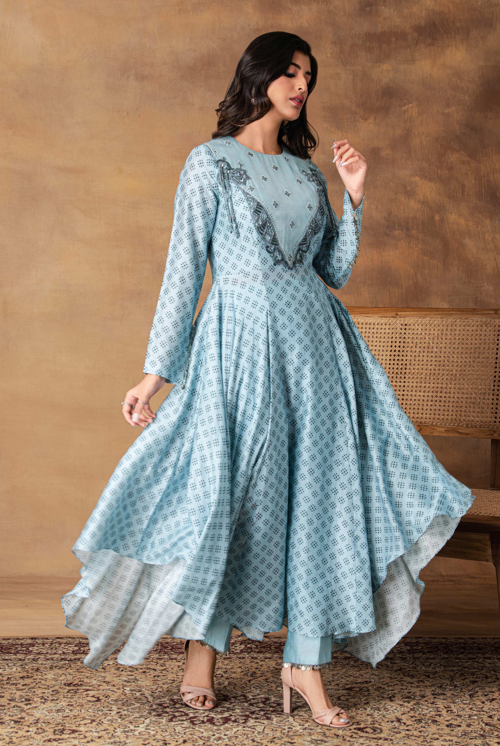 Zeenat Powder Blue Chanderi Asymmetric Kurta Set – Front View