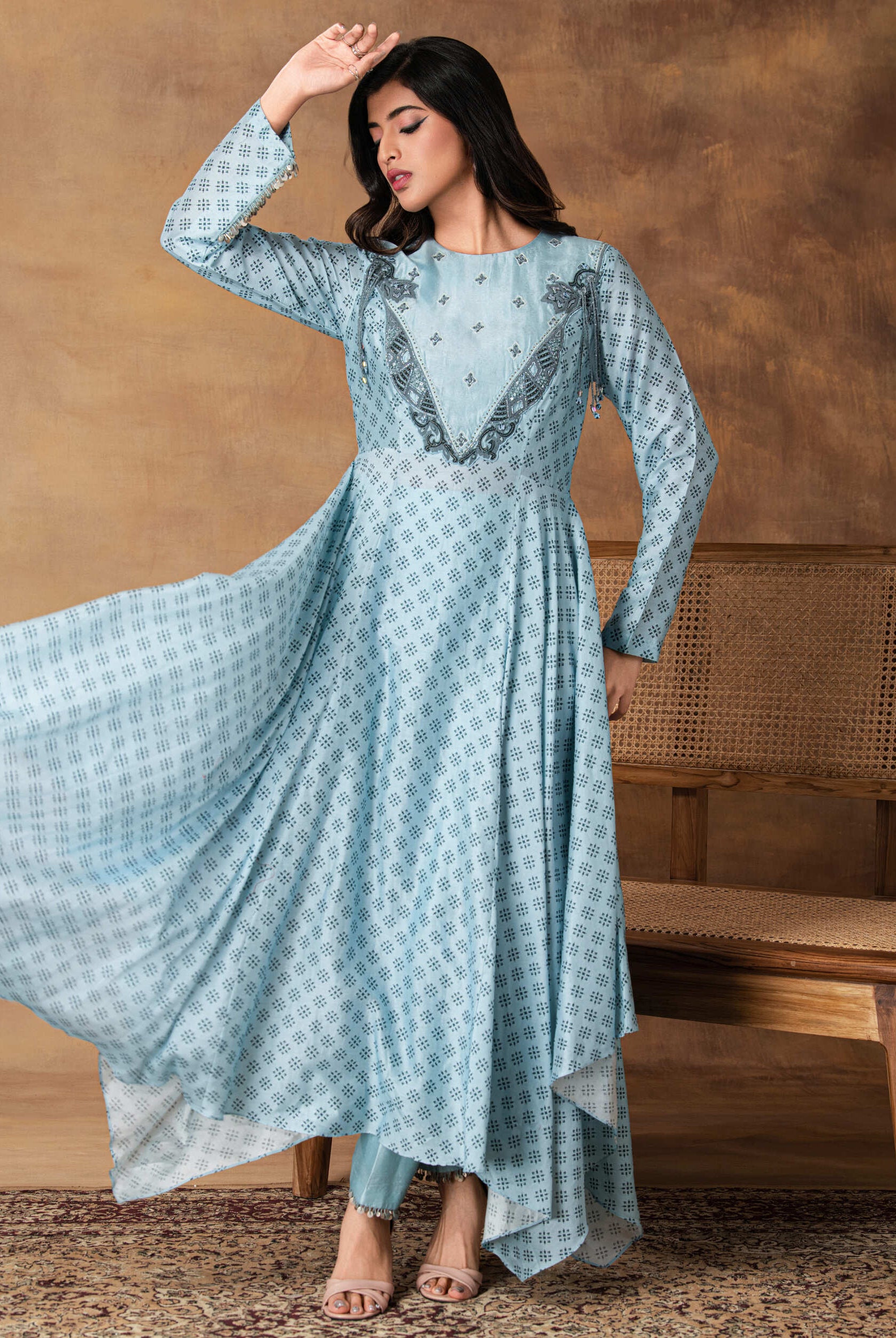 Zeenat Powder Blue Chanderi Asymmetric Kurta Set – Side View