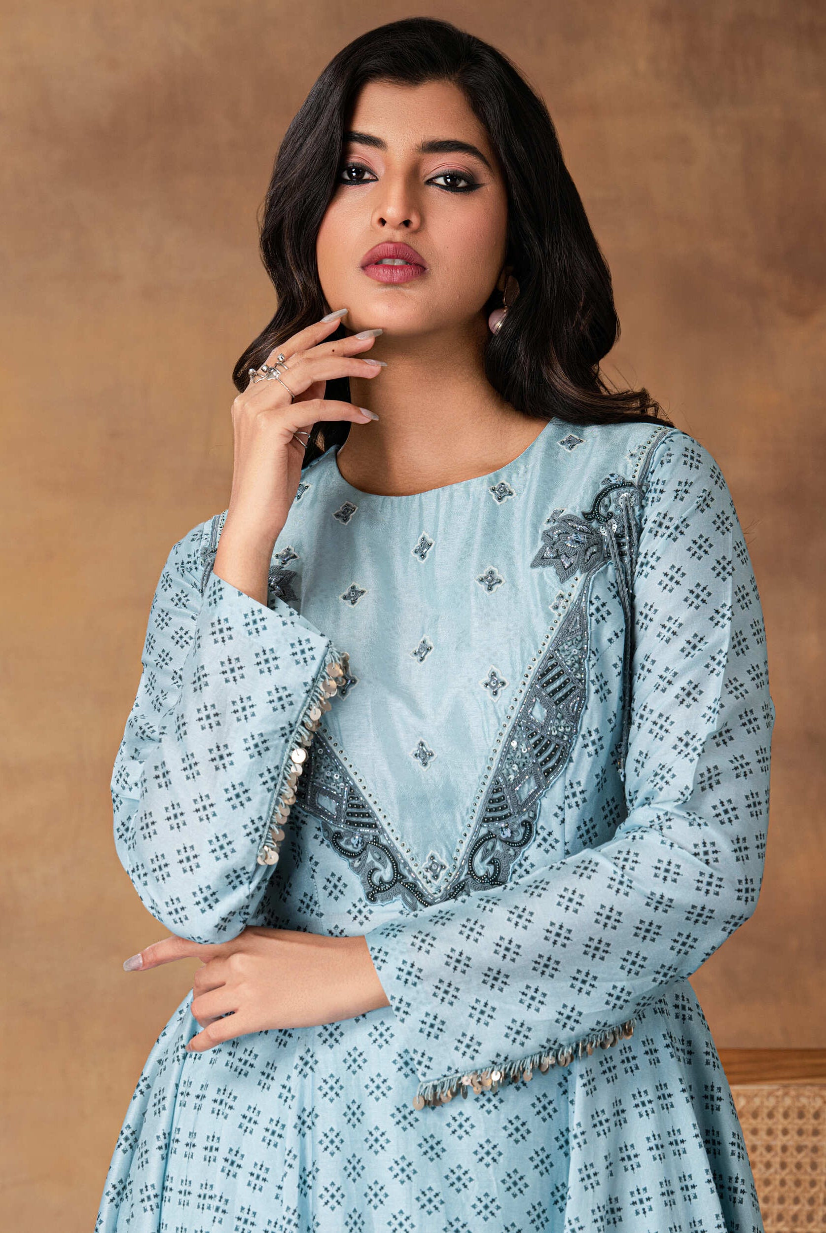 Zeenat Powder Blue Chanderi Asymmetric Kurta Set – Close-up View