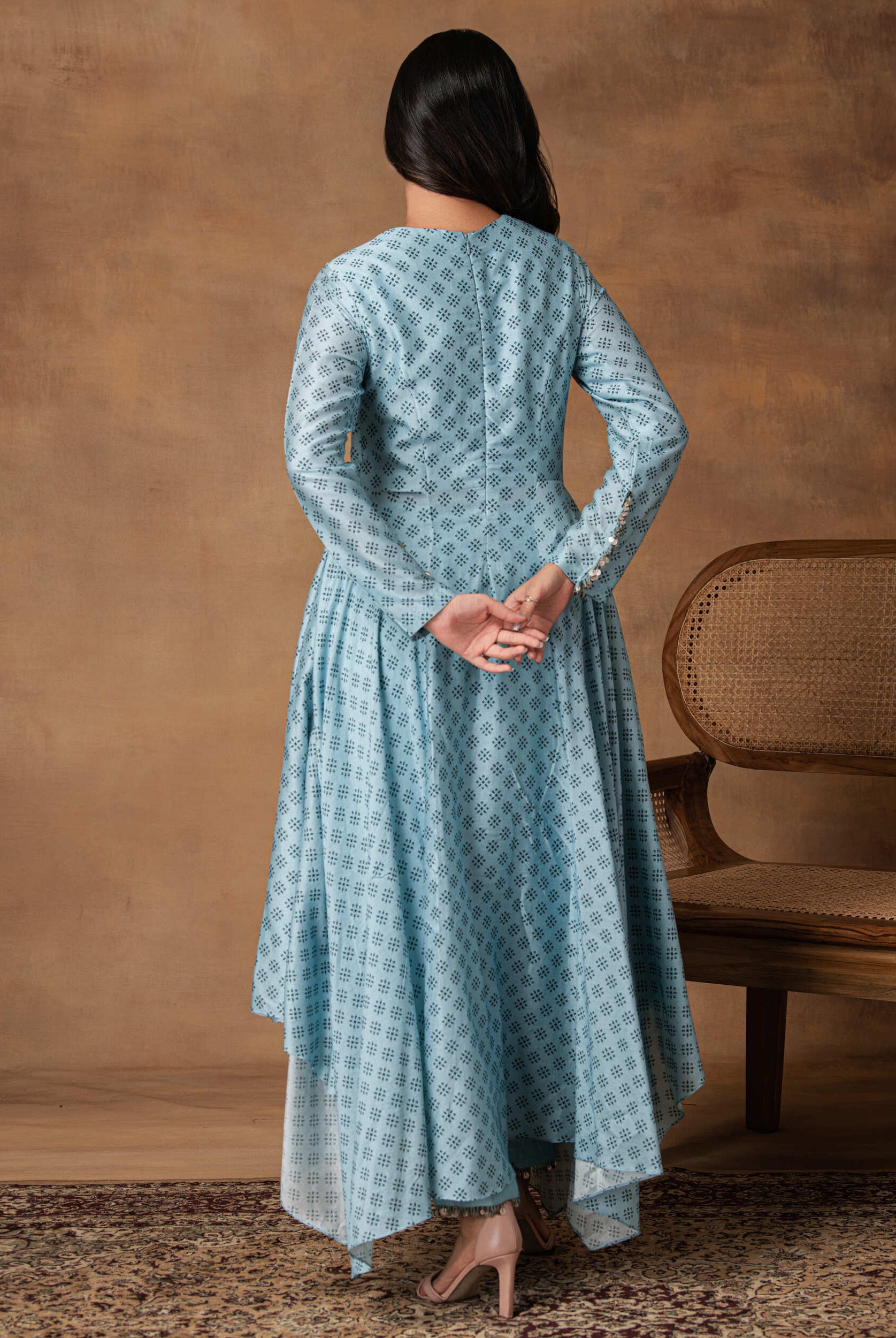 Zeenat Powder Blue Chanderi Asymmetric Kurta Set – Back View