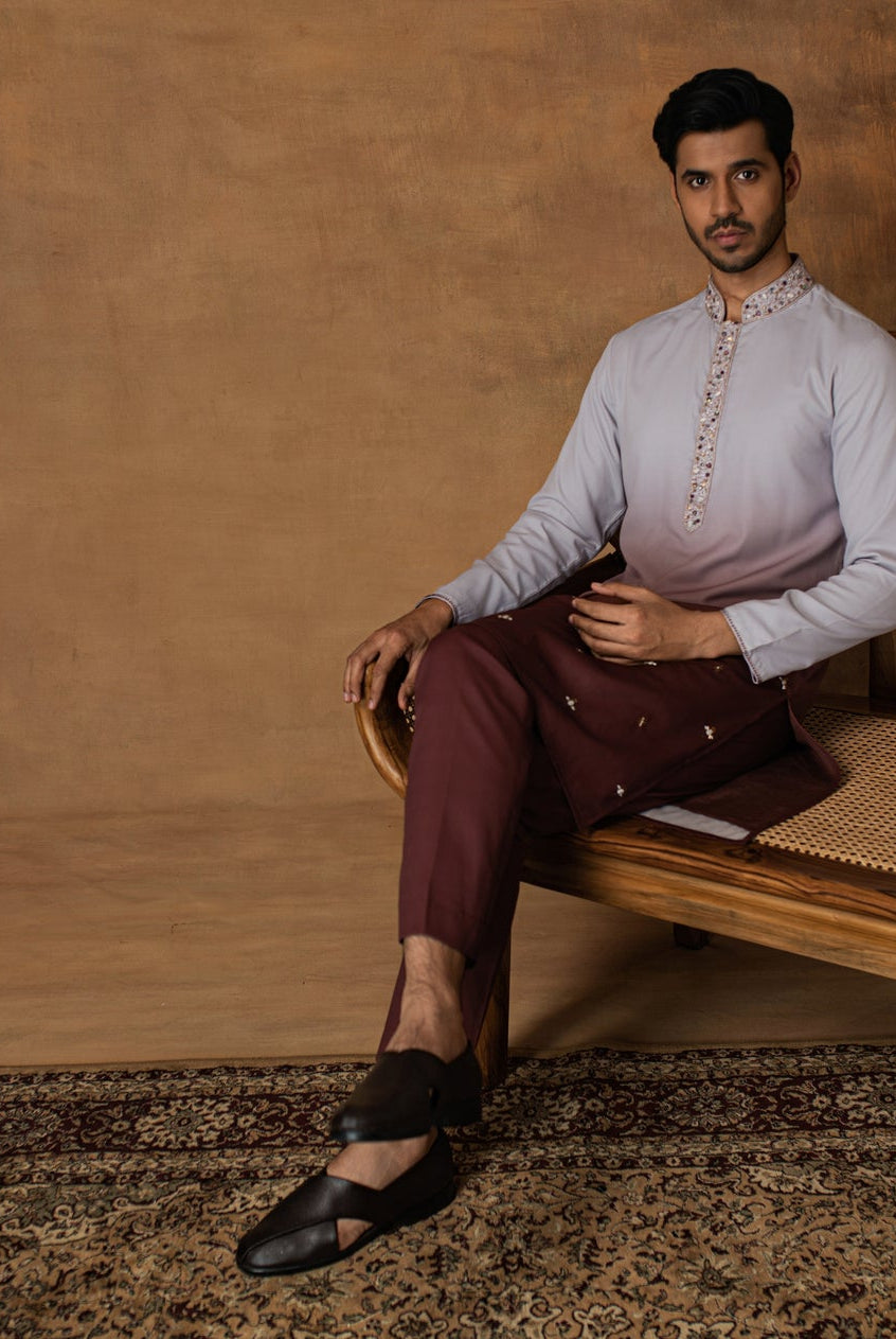 Grey Ombre Kurta Set For Men Sitting View