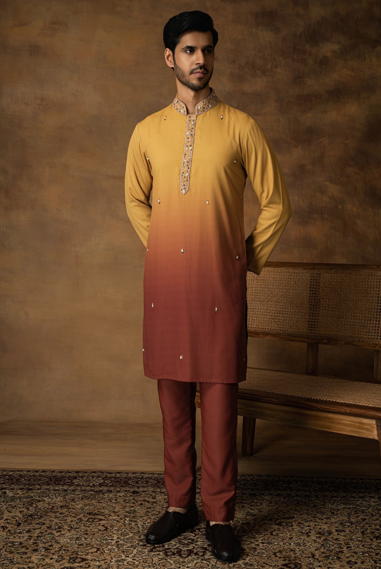 Yellow Ombre Kurta Set For Men Front View