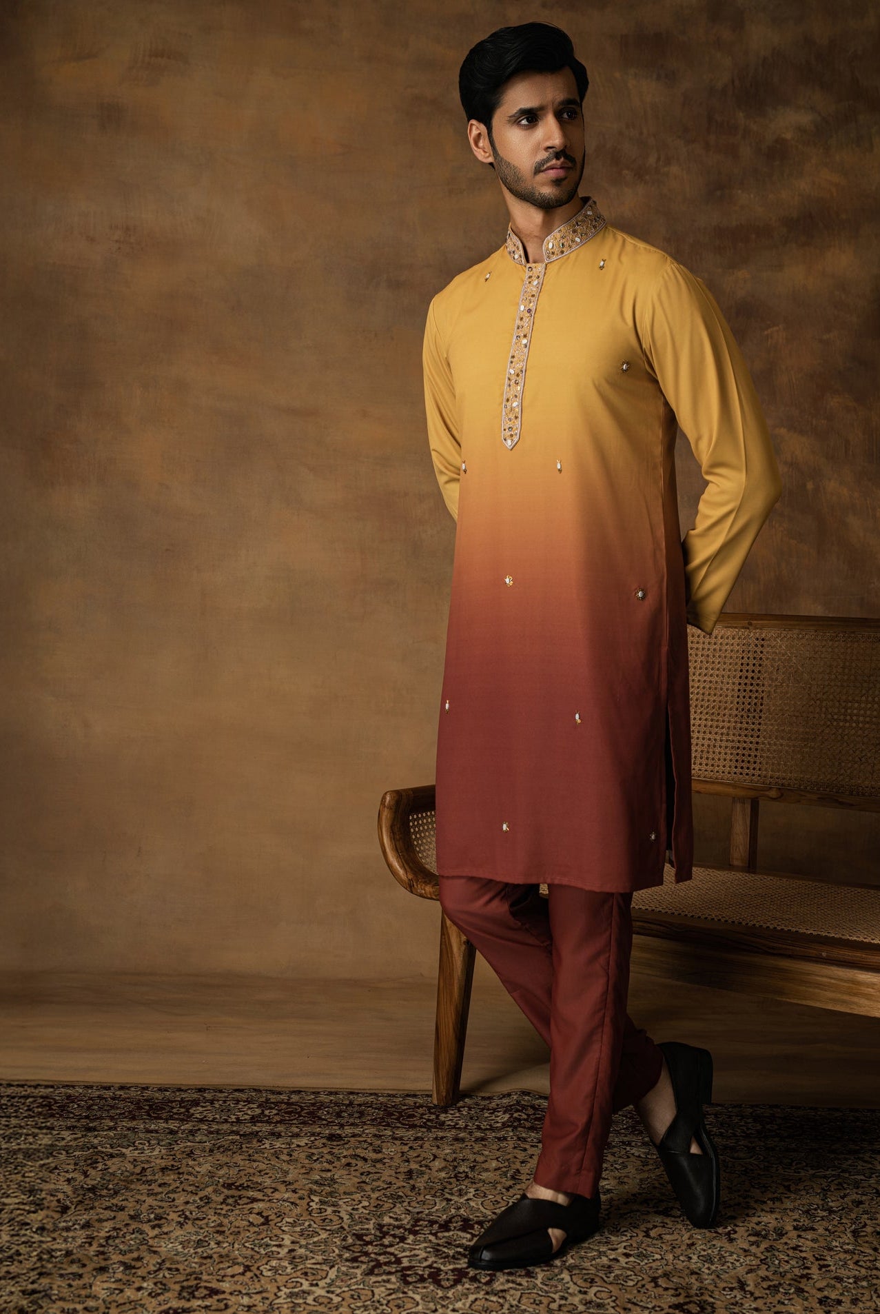 Yellow Ombre Kurta Set For Men Close View