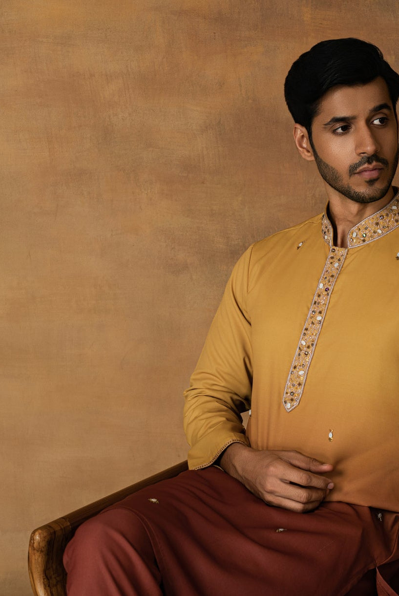 Yellow Ombre Kurta Set For Men Sitting View