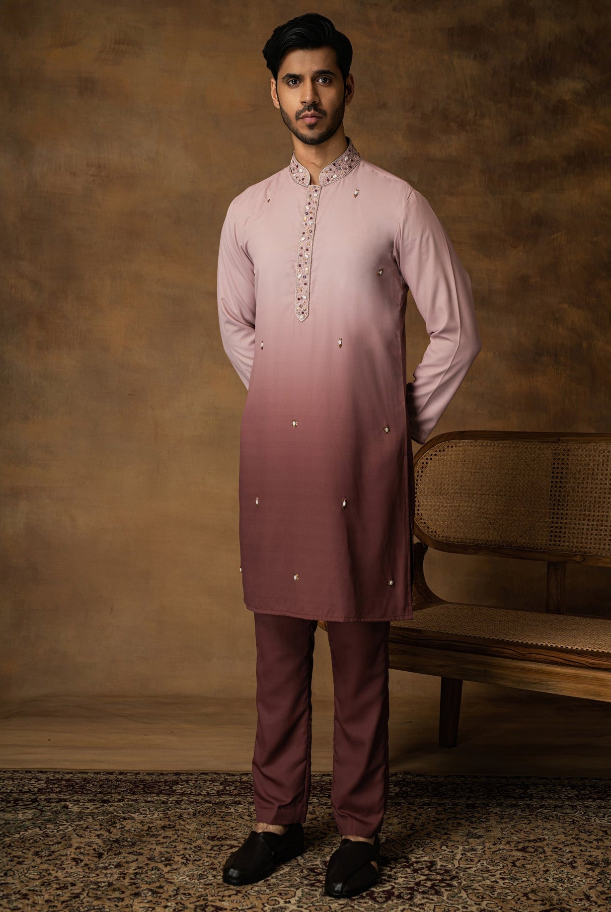 Salmon Pink Ombre Kurta Set For Men Front View