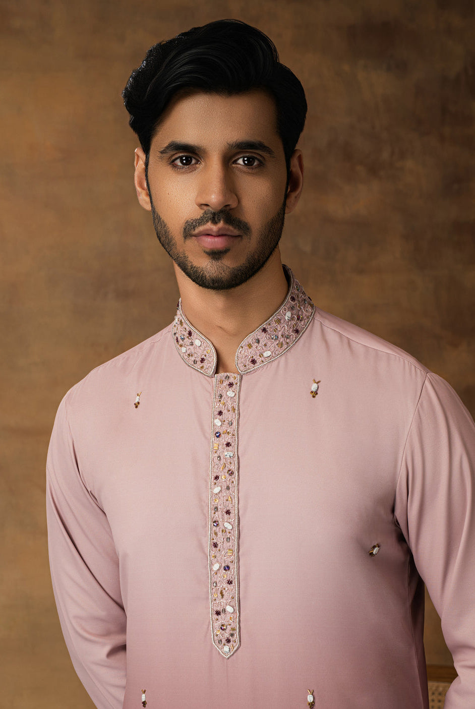 Salmon Pink Ombre Kurta Set For Men Close View