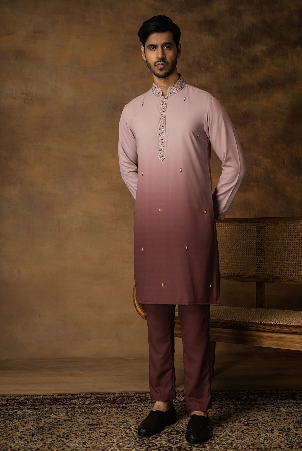 Salmon Pink Ombre Kurta Set For Men Side View