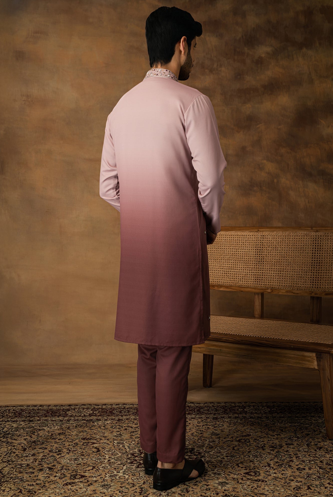 Salmon Pink Ombre Kurta Set For Men Back View