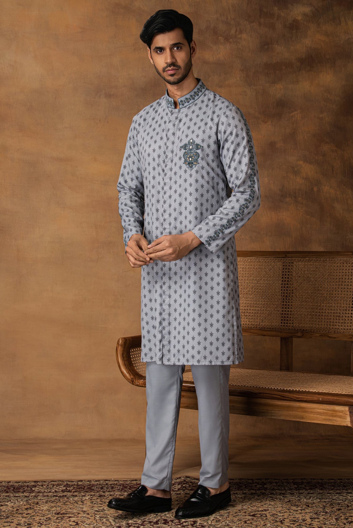 Grey Booti Print Kurta Set For Men Front View