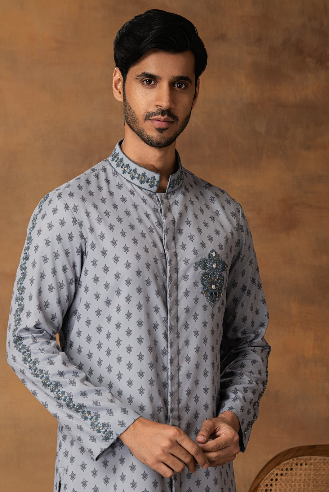 Grey Booti Print Kurta Set For Men Side View