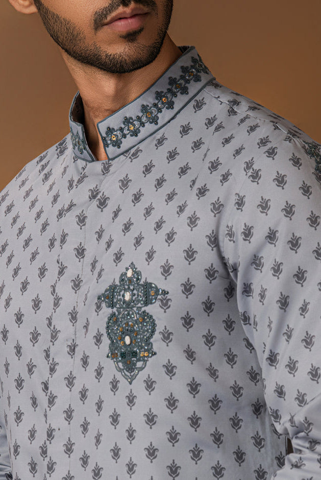 Grey Booti Print Kurta Set For Men Close View