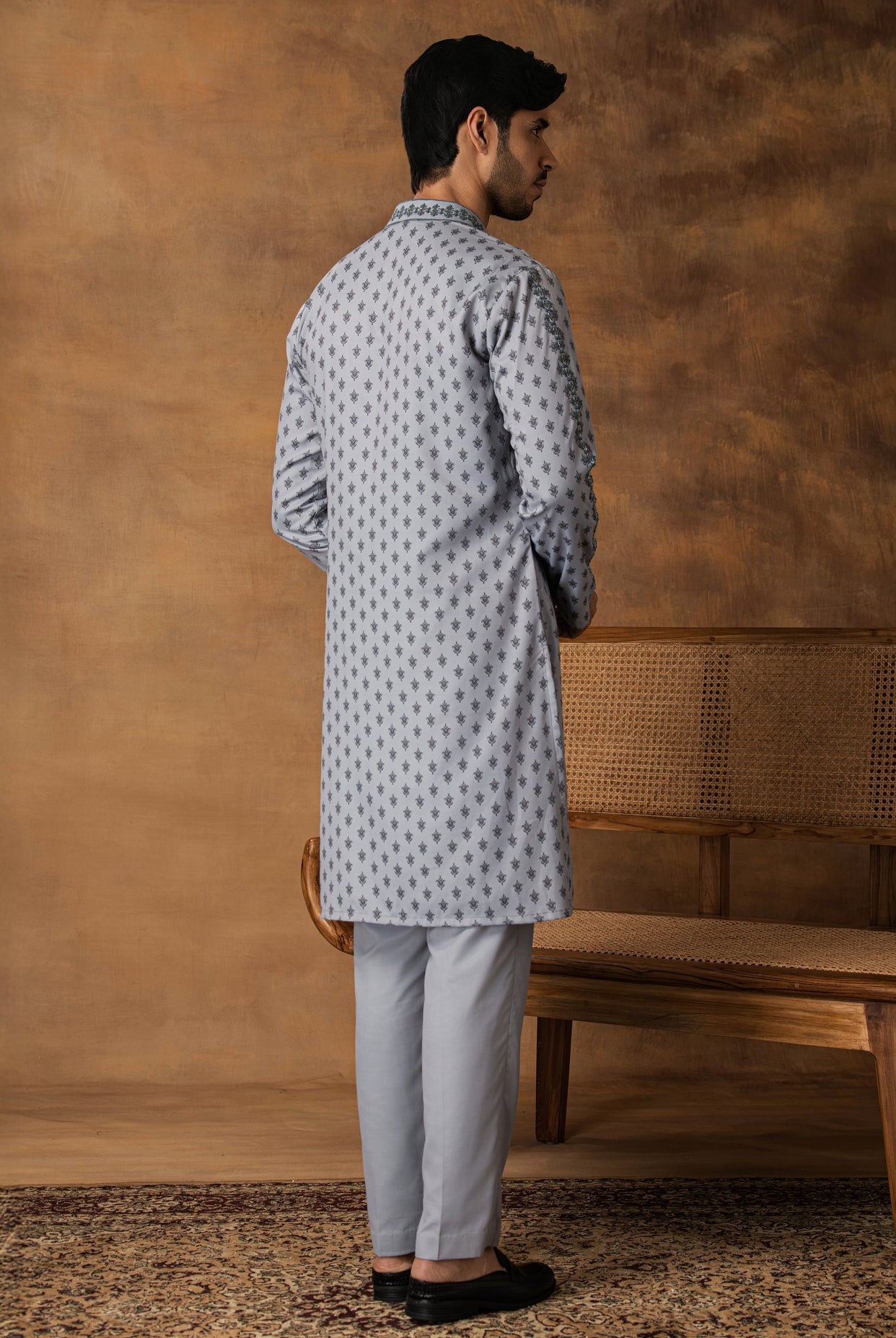 Grey Booti Print Kurta Set For Men Back View